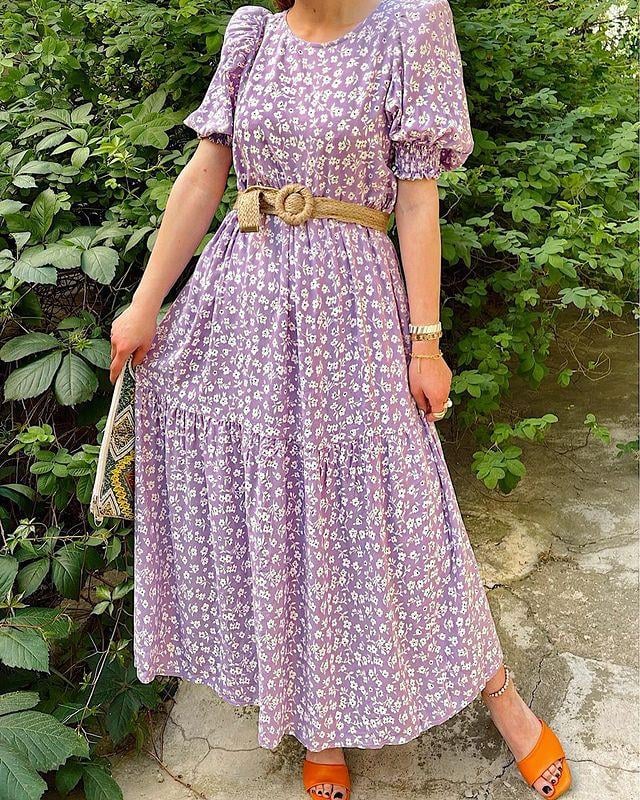 Lila Çiçek Desen Maxi Elbise