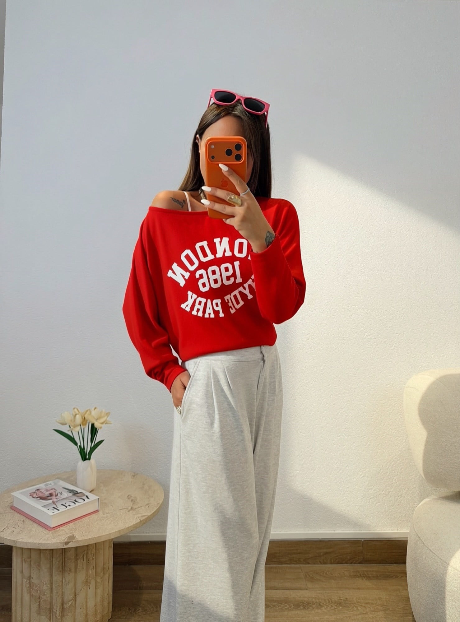 London Düşük Omuz Modal Kırmızı Sweatshirt