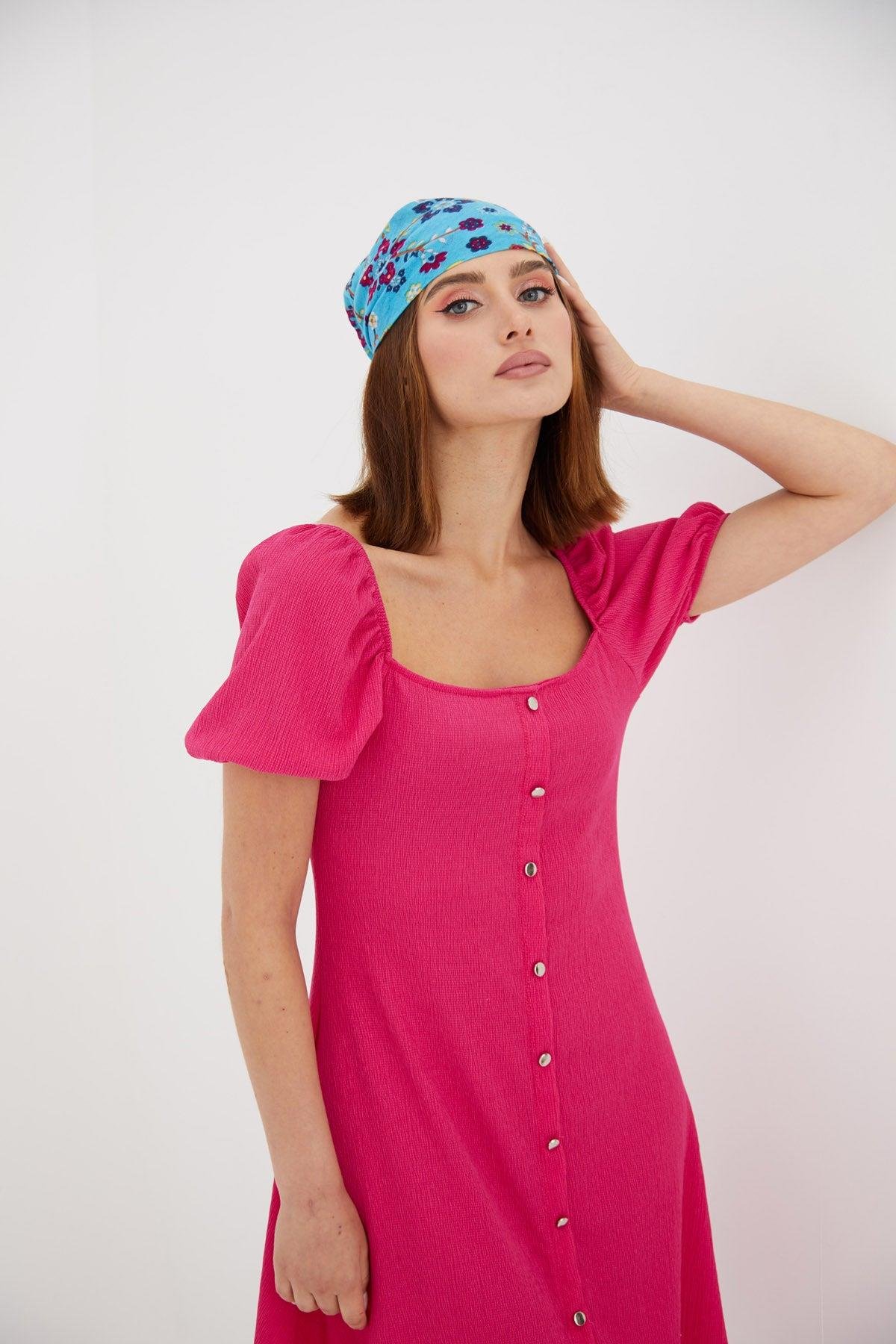 Madonna Yaka Kaşkorse Pembe Basic Elbise