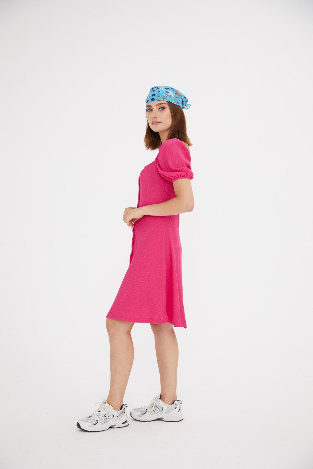 Madonna Yaka Kaşkorse Pembe Basic Elbise