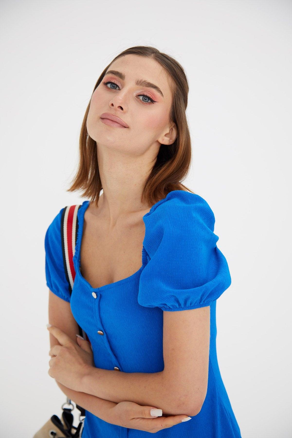Madonna Yaka Kaşkorse Saks Mavi Basic Elbise