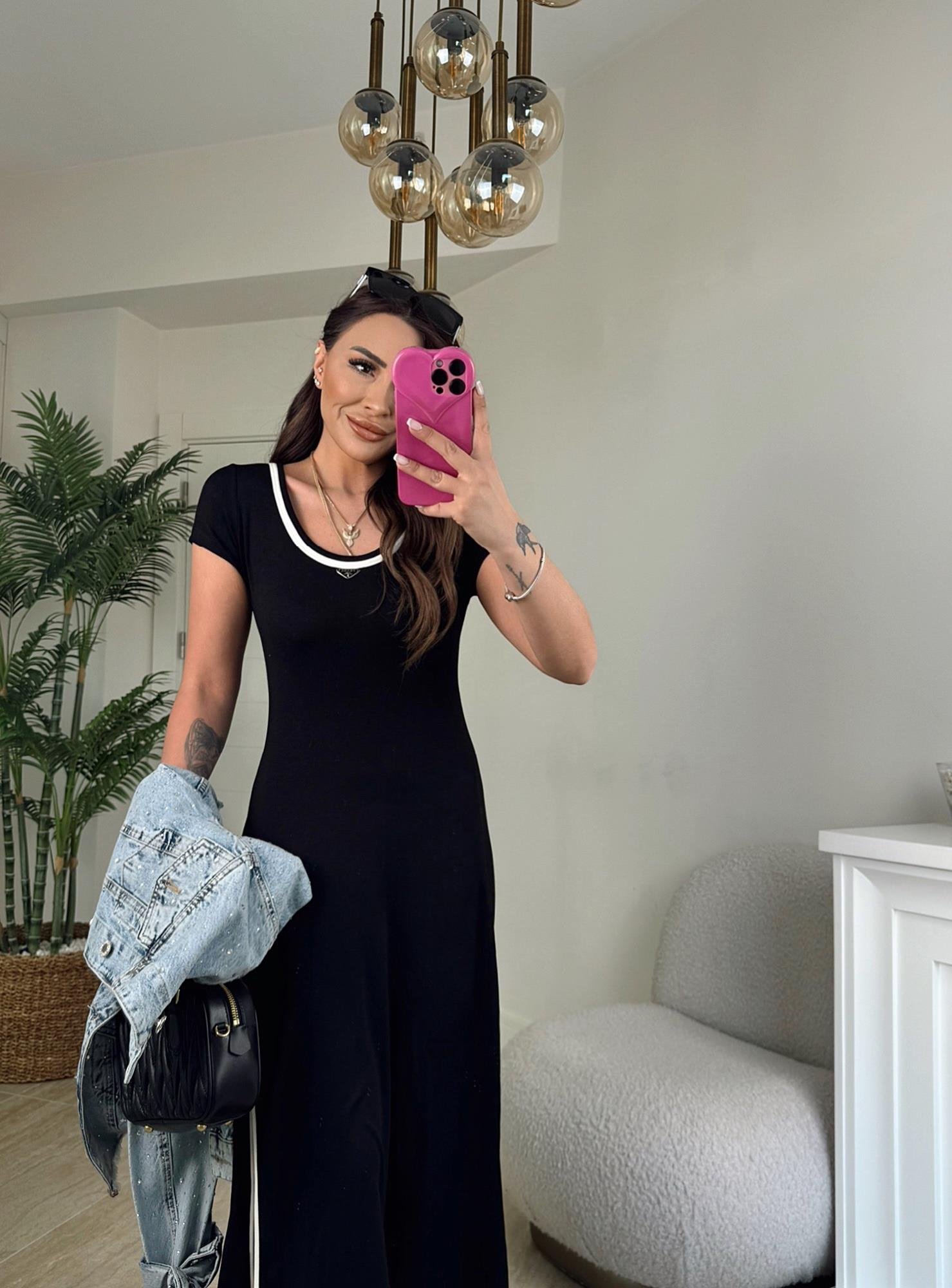 Marka Model Şeritli Yırtmaçlı Maxi Elbise