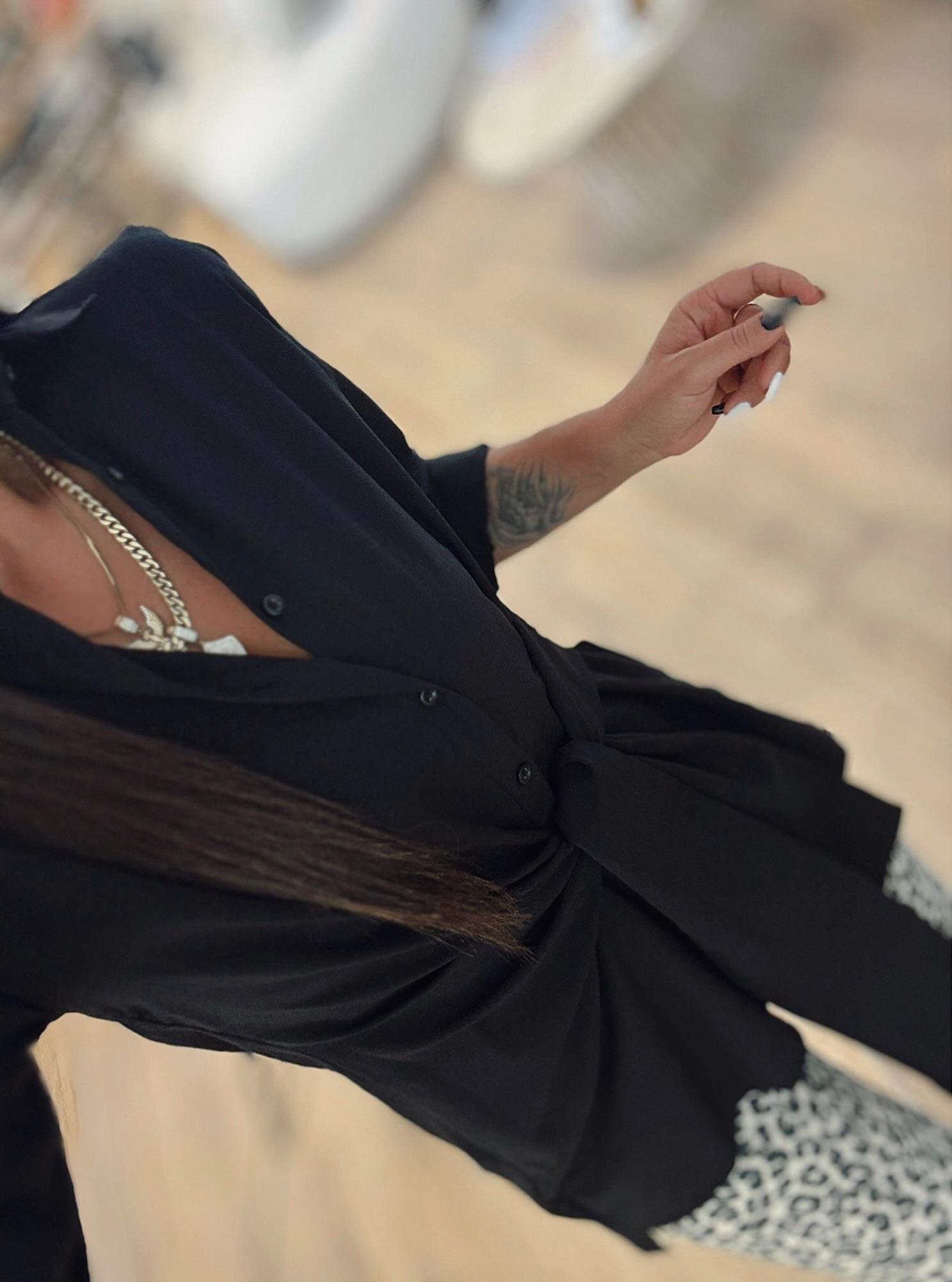 Marka Model Yandan Bağlamalı Poplin Siyah Gömlek
