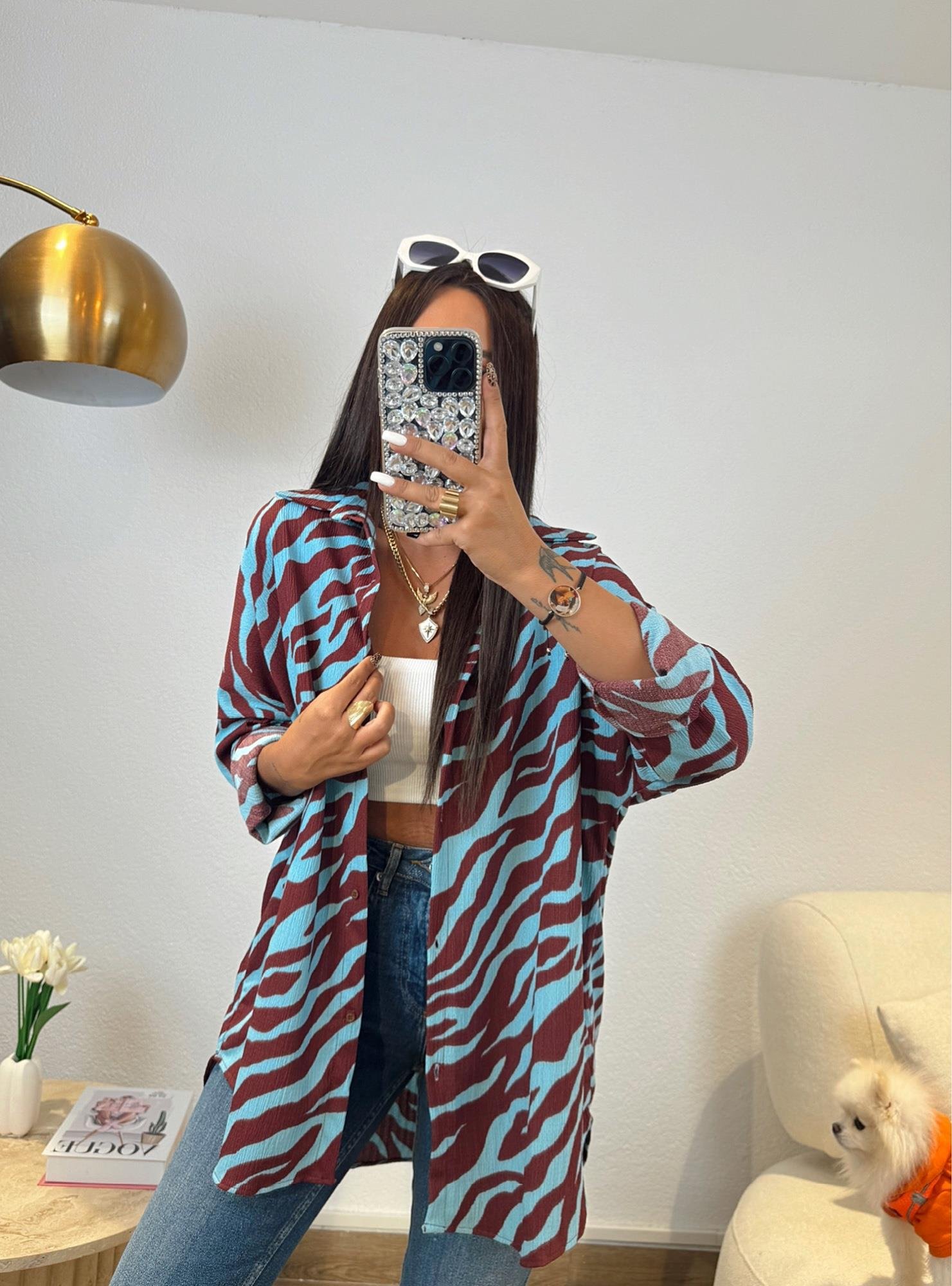 Mavi-Bordo Desenli Oversize Gömlek