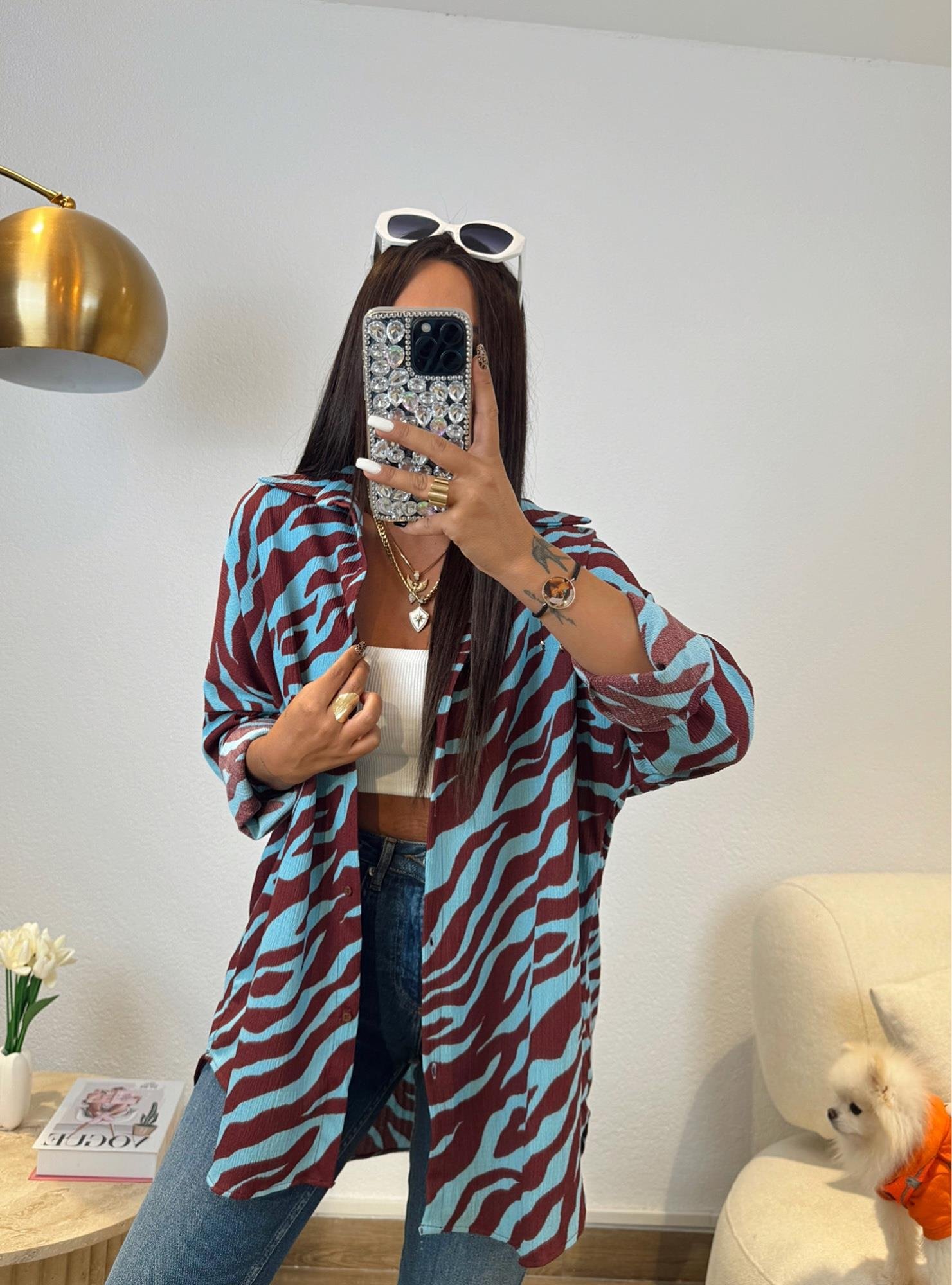 Mavi-Bordo Desenli Oversize Gömlek