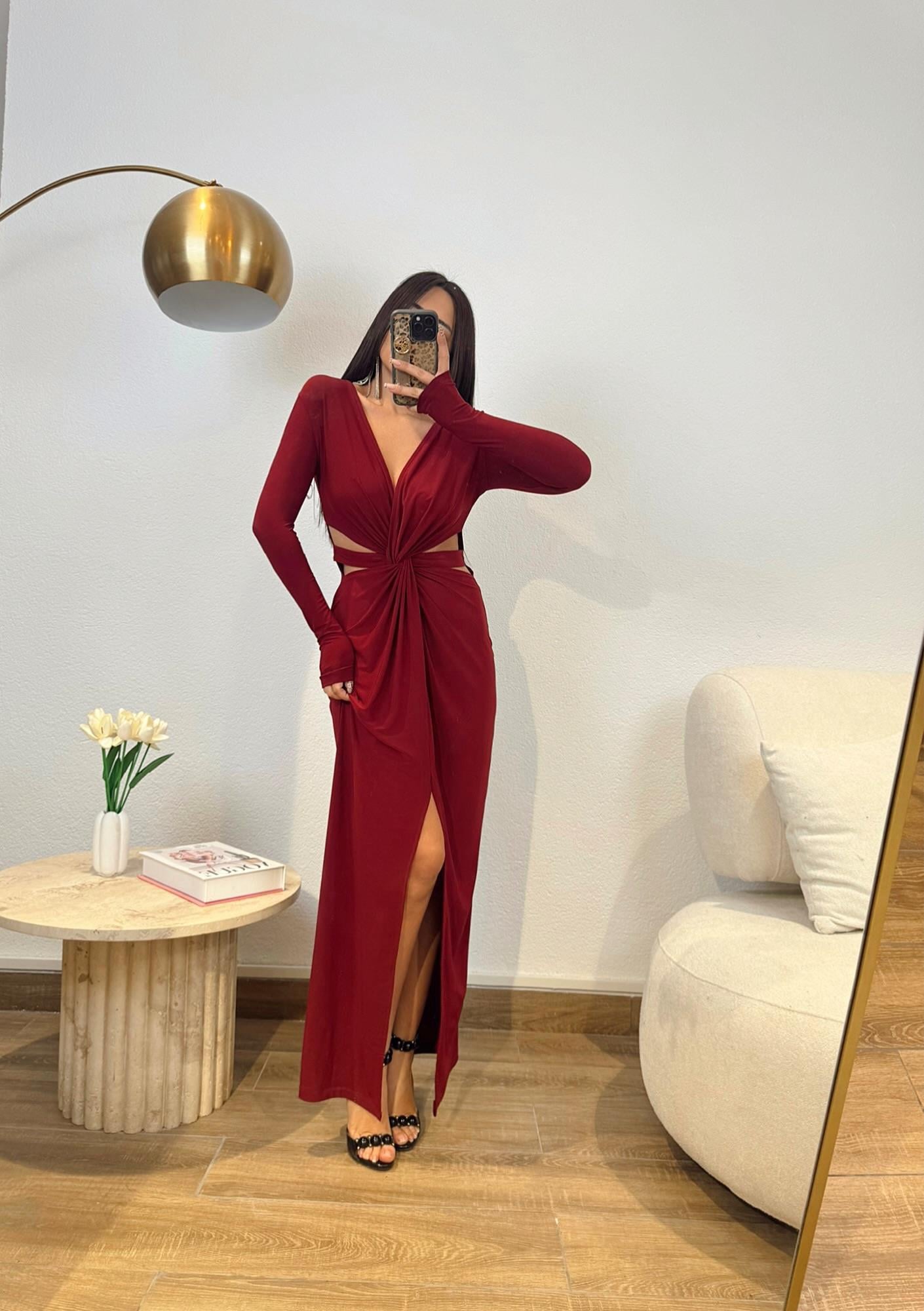 Maxi Boy Düğümlü Sandy Bordo Elbise