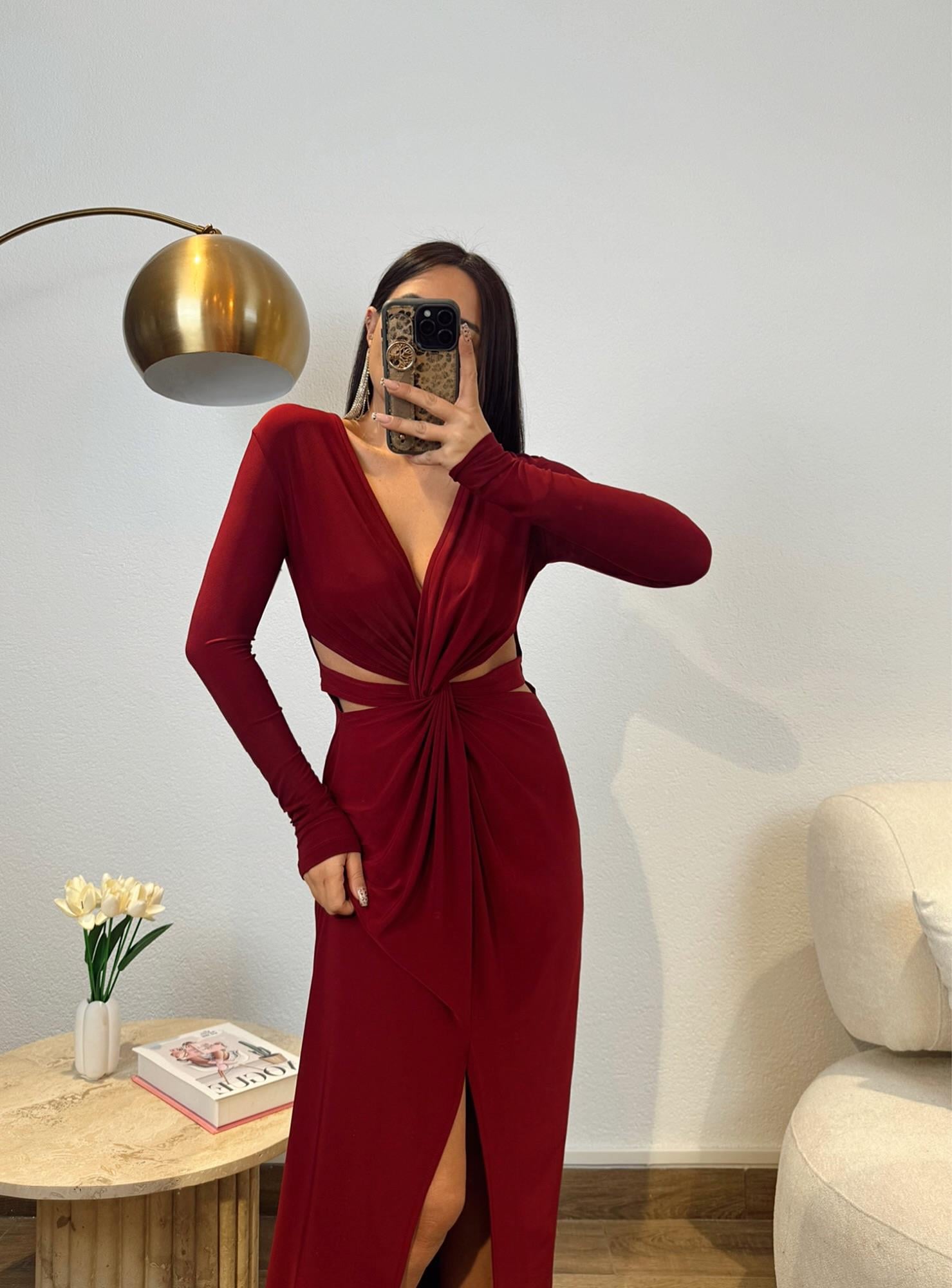 Maxi Boy Düğümlü Sandy Bordo Elbise