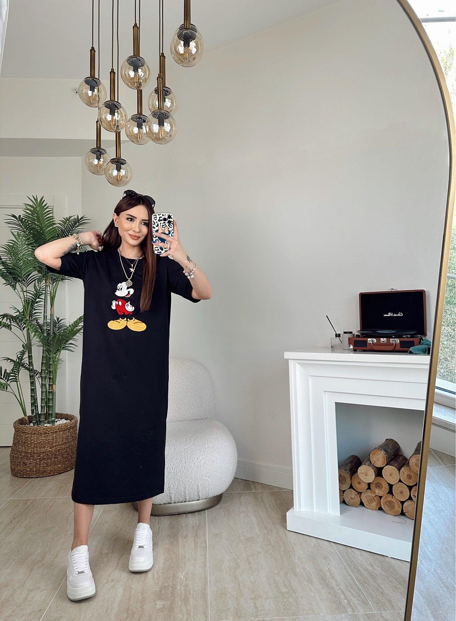 Mickey Mouse Yanları Yırtmaçlı Midi Boy Elbise