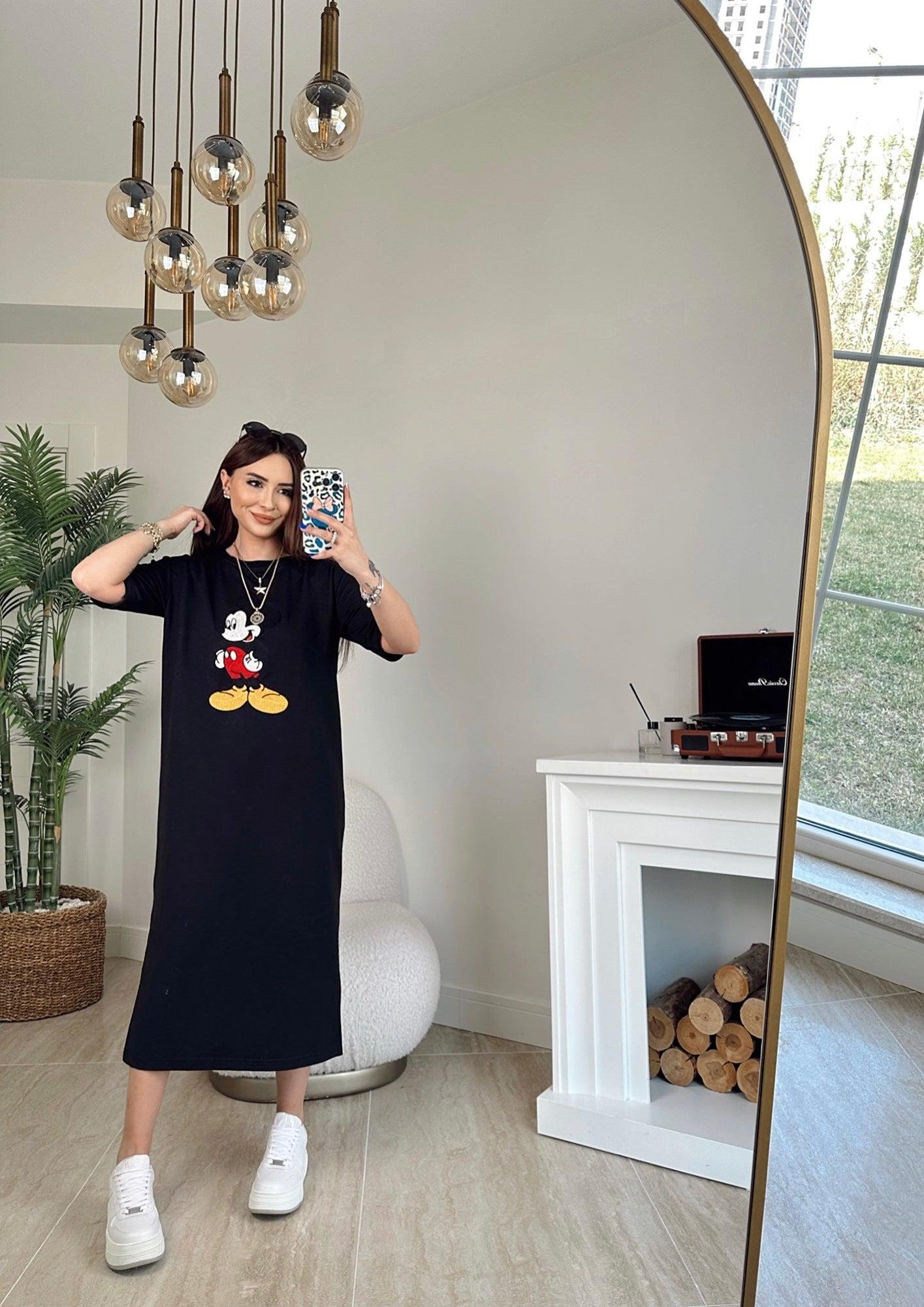 Mickey Mouse Yanları Yırtmaçlı Midi Boy Elbise