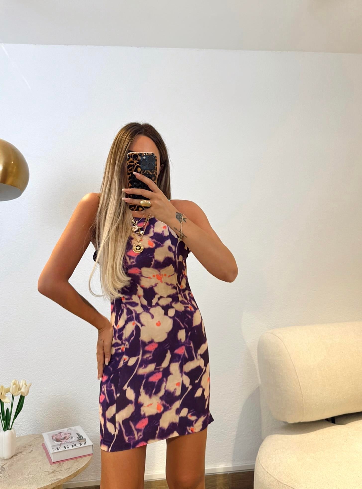 Mor Desenli Halter Mini Elbise