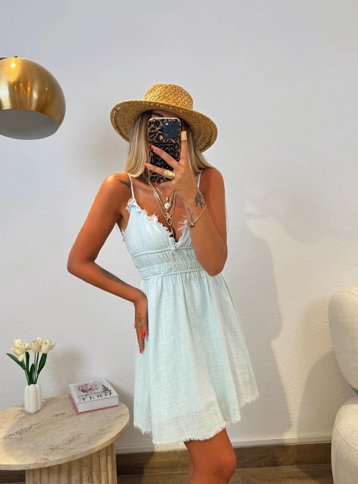 Müslin Kumaş İp Askılı Bebe Mavi Elbise