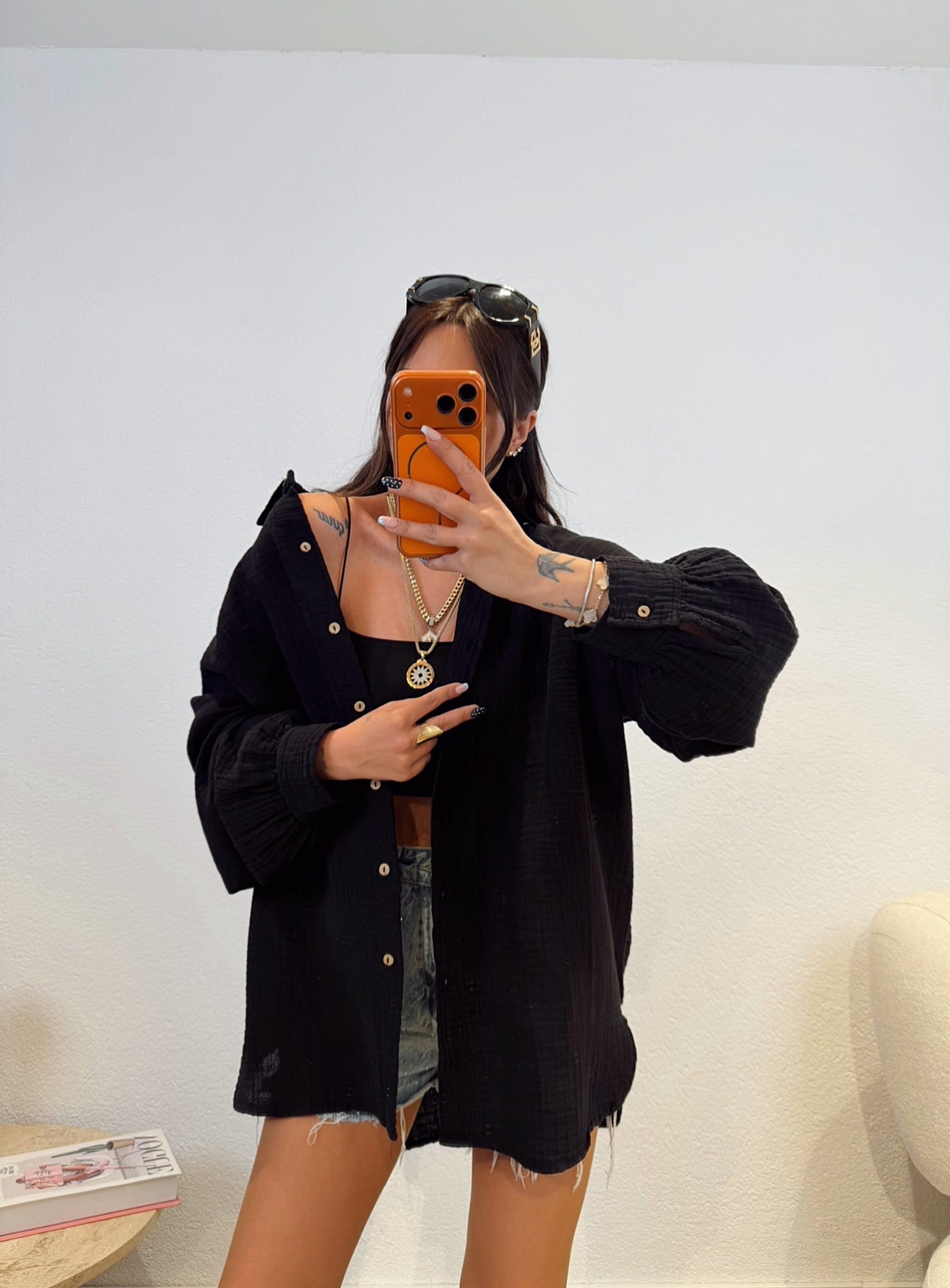 Müslin Oversize Siyah Gömlek