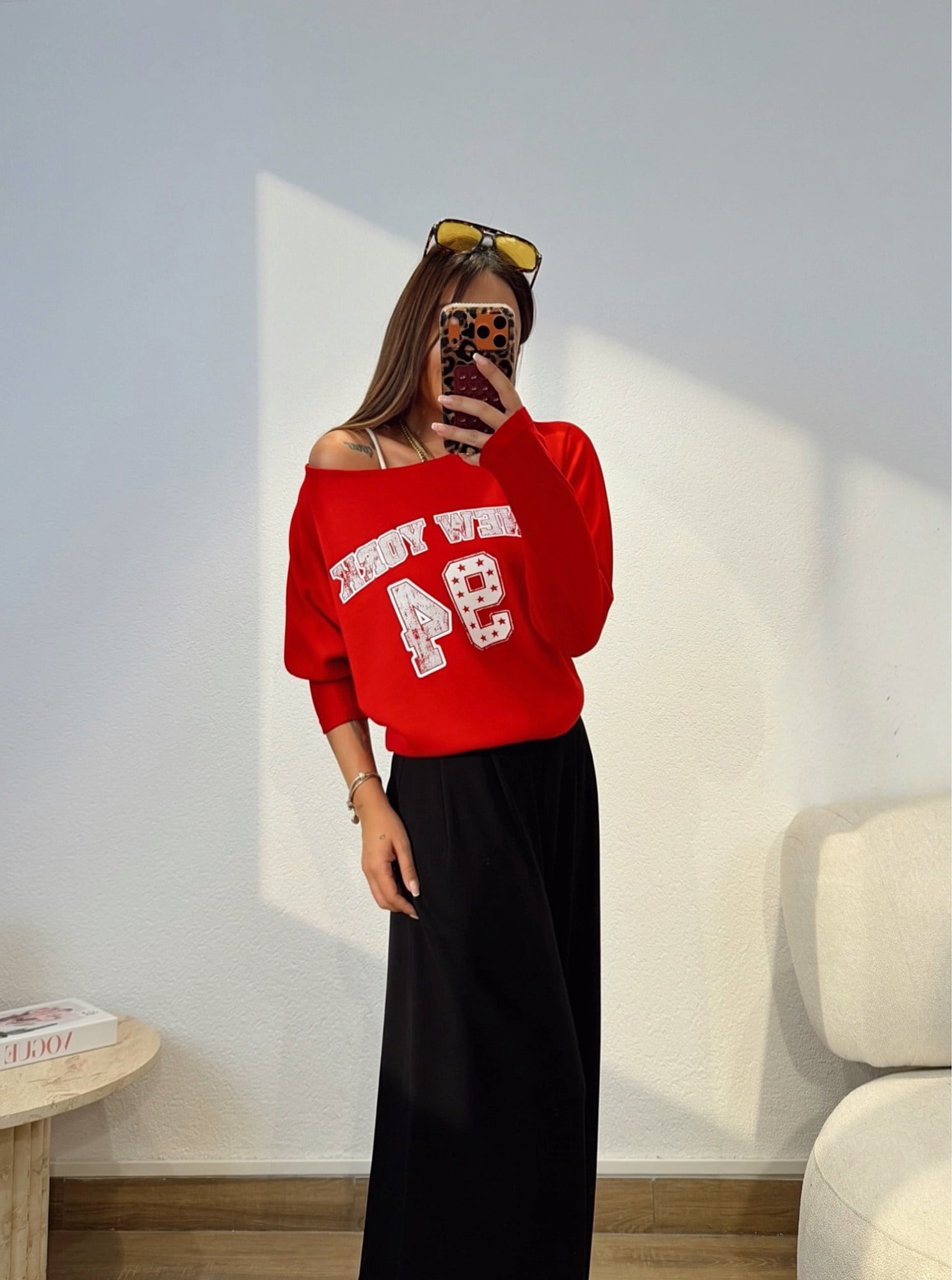 New York Düşük Omuz Modal Kırmızı Sweatshirt