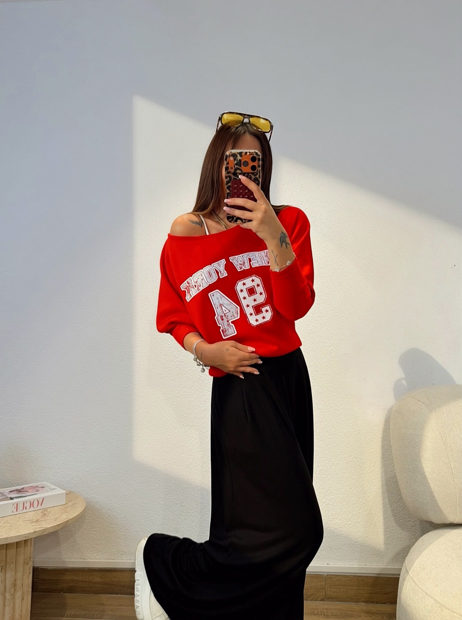New York Düşük Omuz Modal Kırmızı Sweatshirt