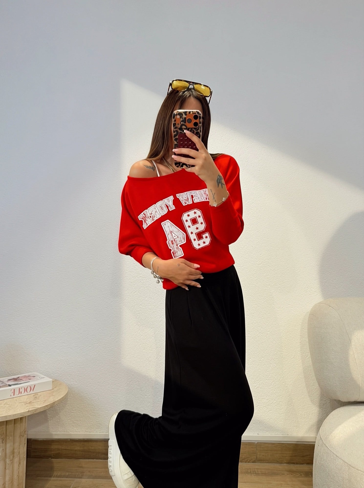 New York Düşük Omuz Modal Kırmızı Sweatshirt