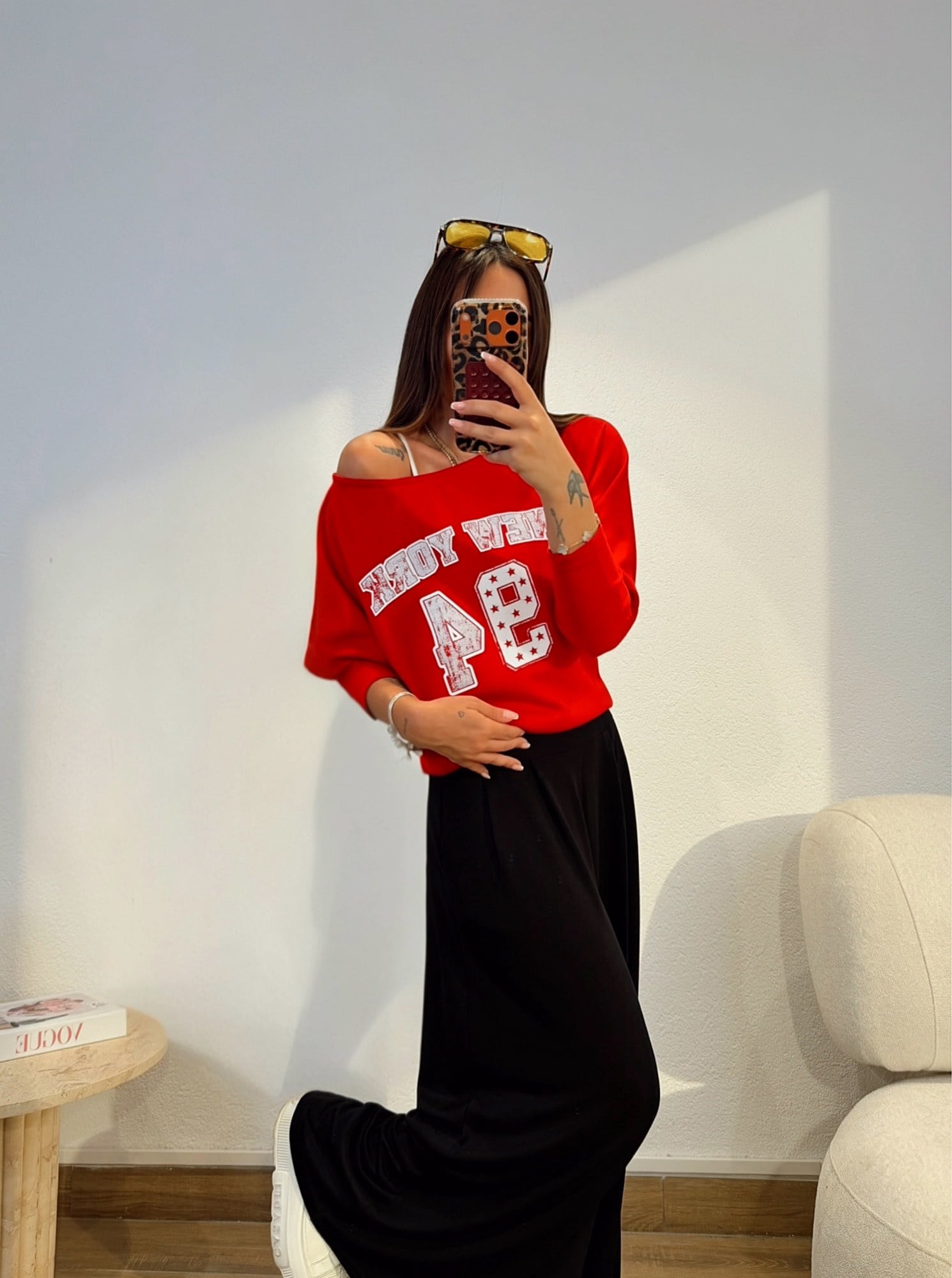 New York Düşük Omuz Modal Kırmızı Sweatshirt