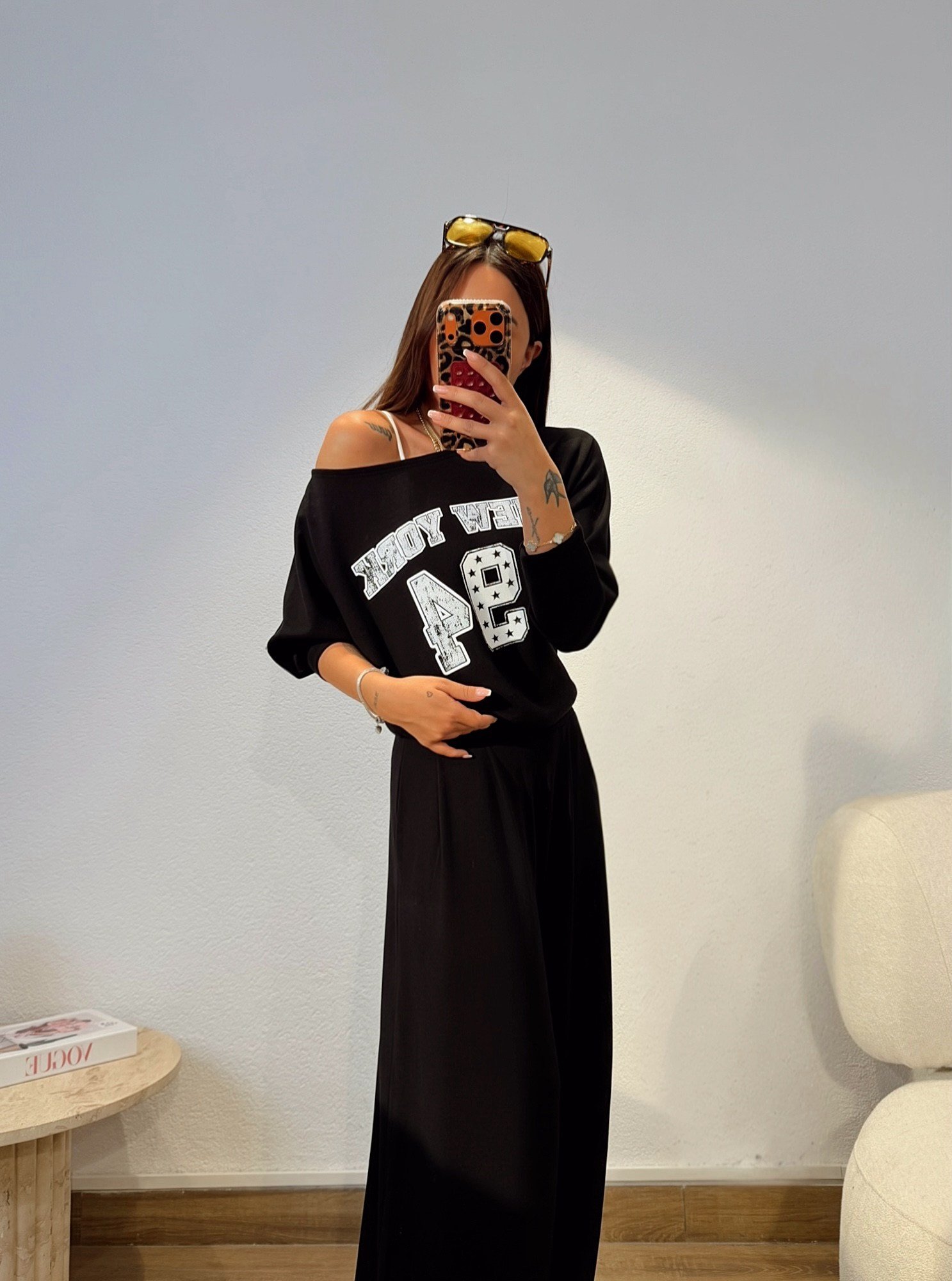 New York Düşük Omuz Modal Siyah Sweatshirt