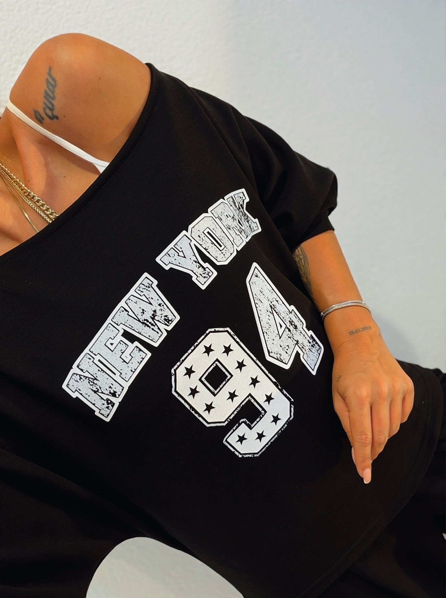 New York Düşük Omuz Modal Siyah Sweatshirt