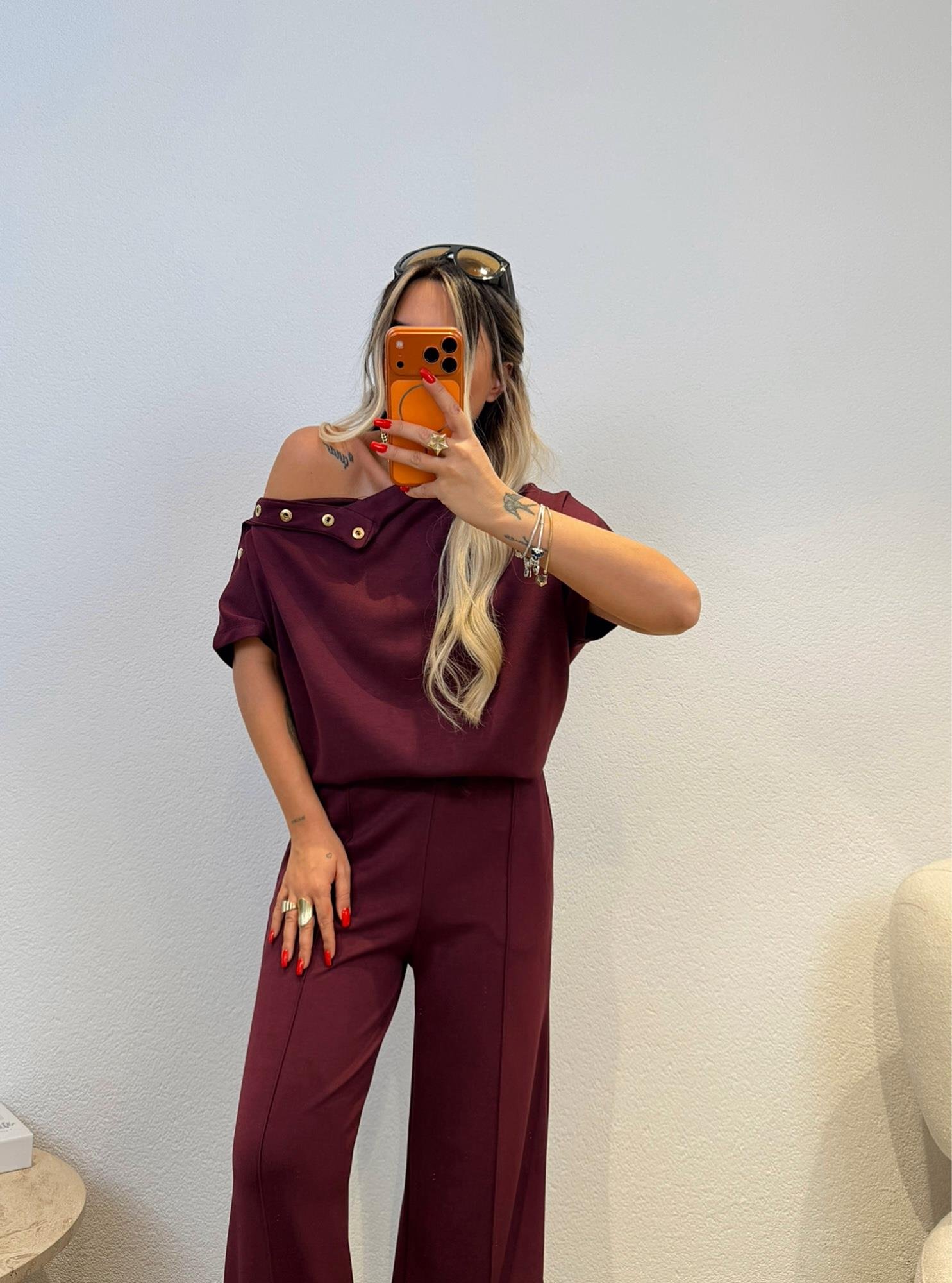 NW Model Omuz Düğme Detay Mürdüm Takım
