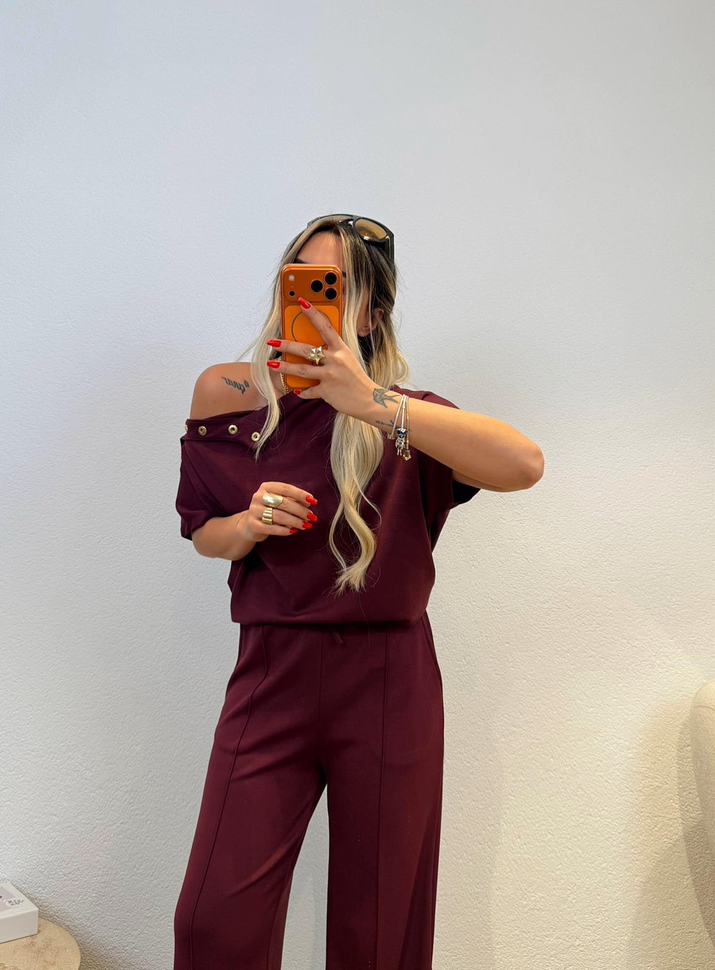 NW Model Omuz Düğme Detay Mürdüm Takım