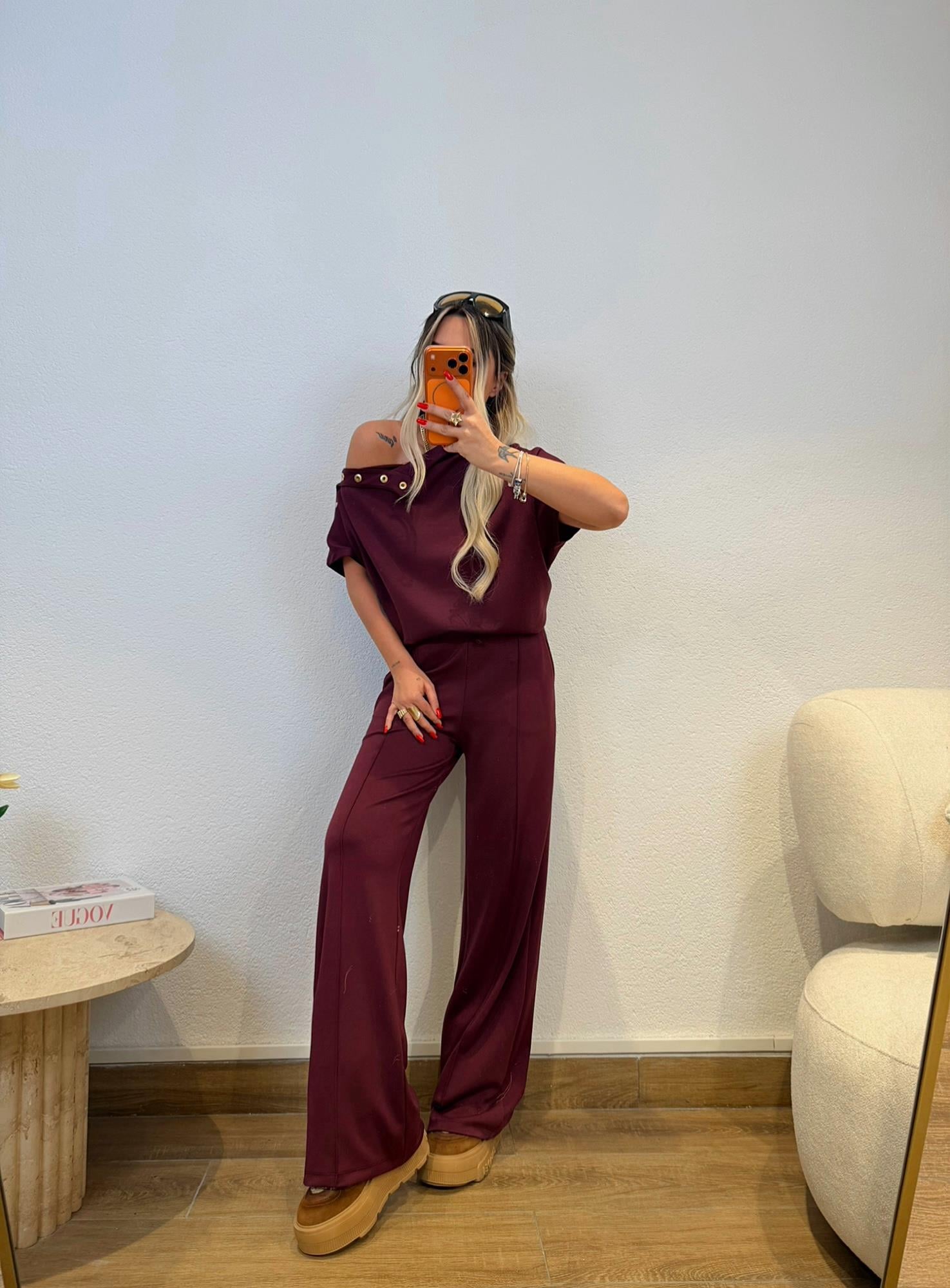 NW Model Omuz Düğme Detay Mürdüm Takım