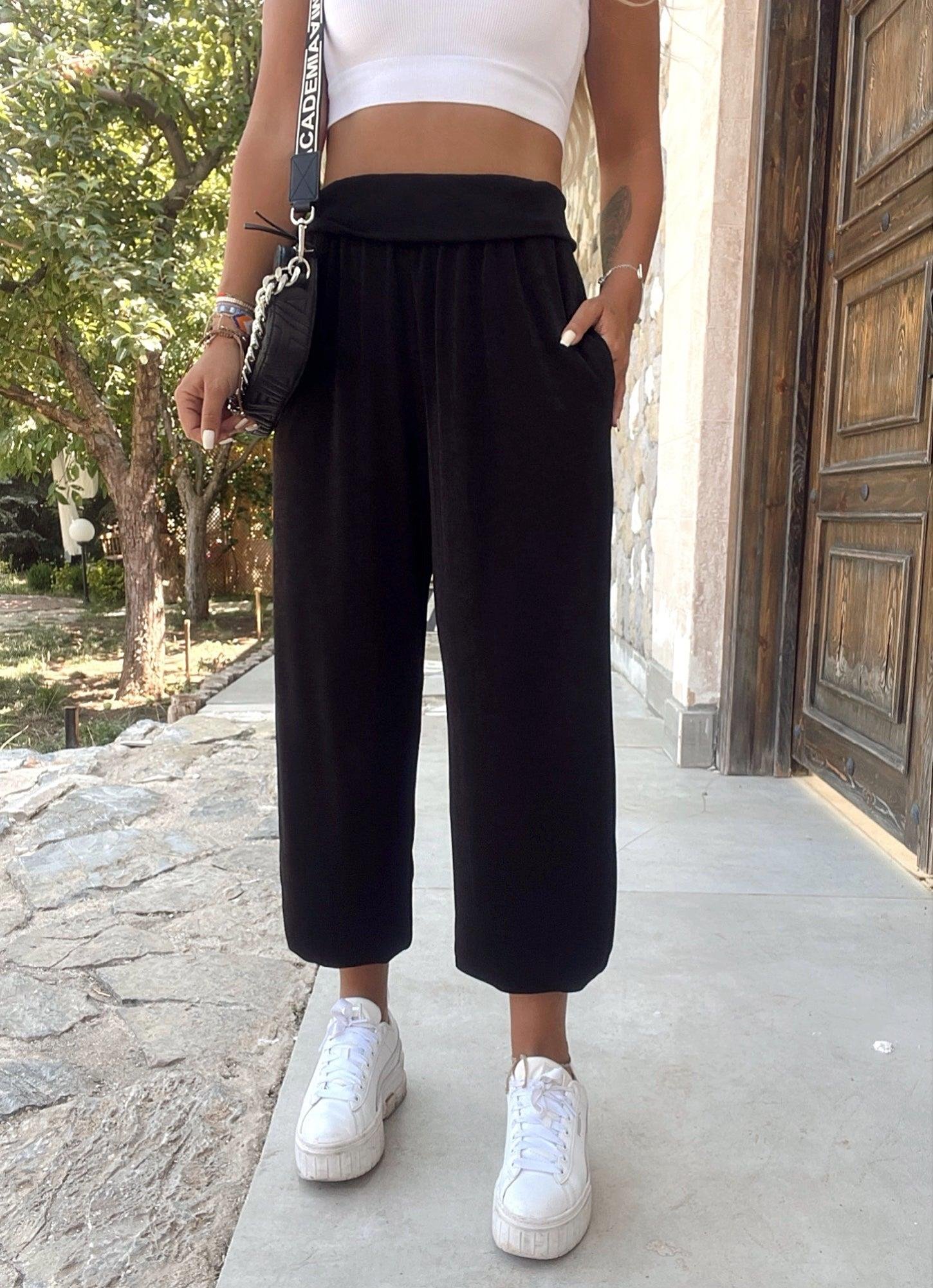 O.S.H Doku Bel Detaylı Siyah Şalvar Pantolon