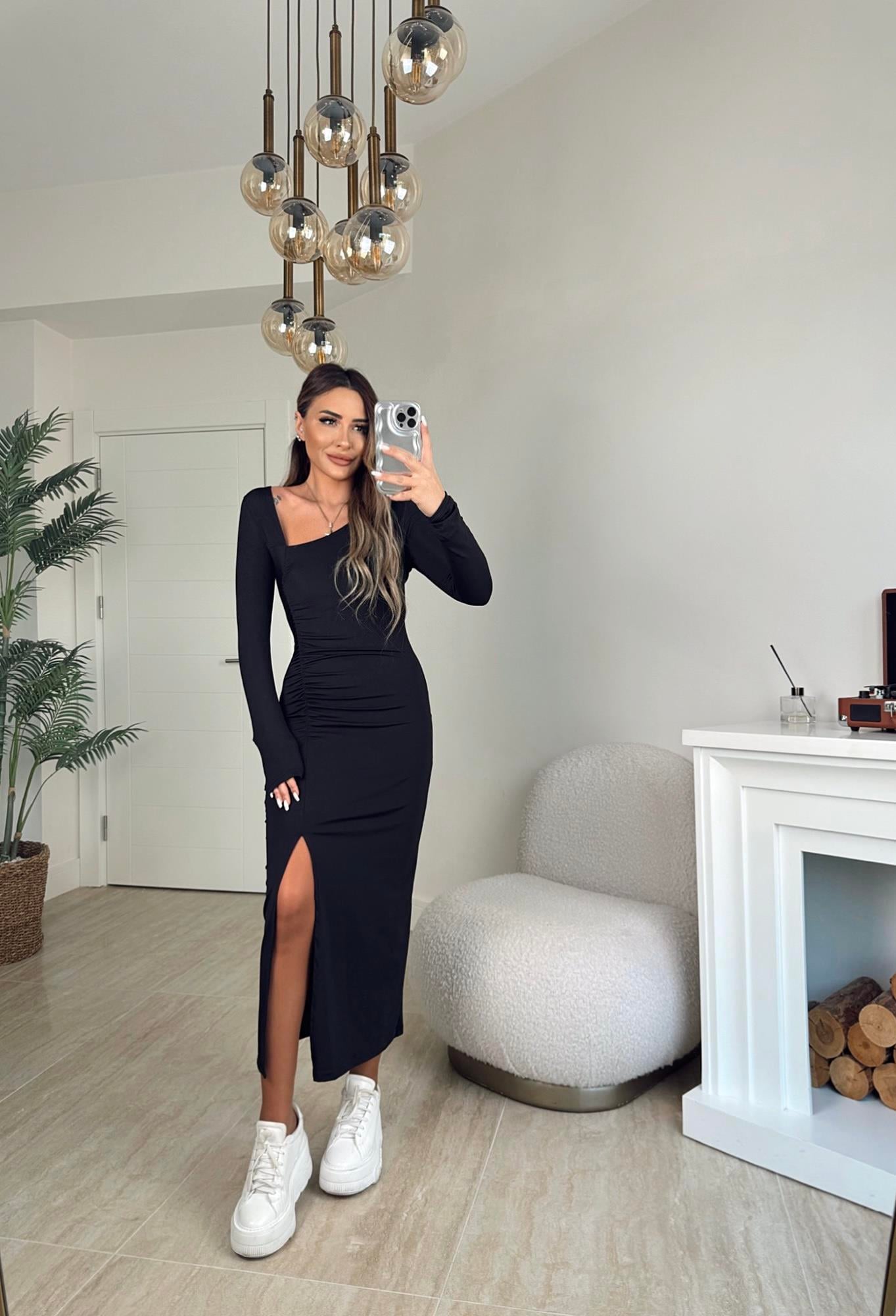 Omuz Detay Drapeli Siyah Sandy Midi Elbise