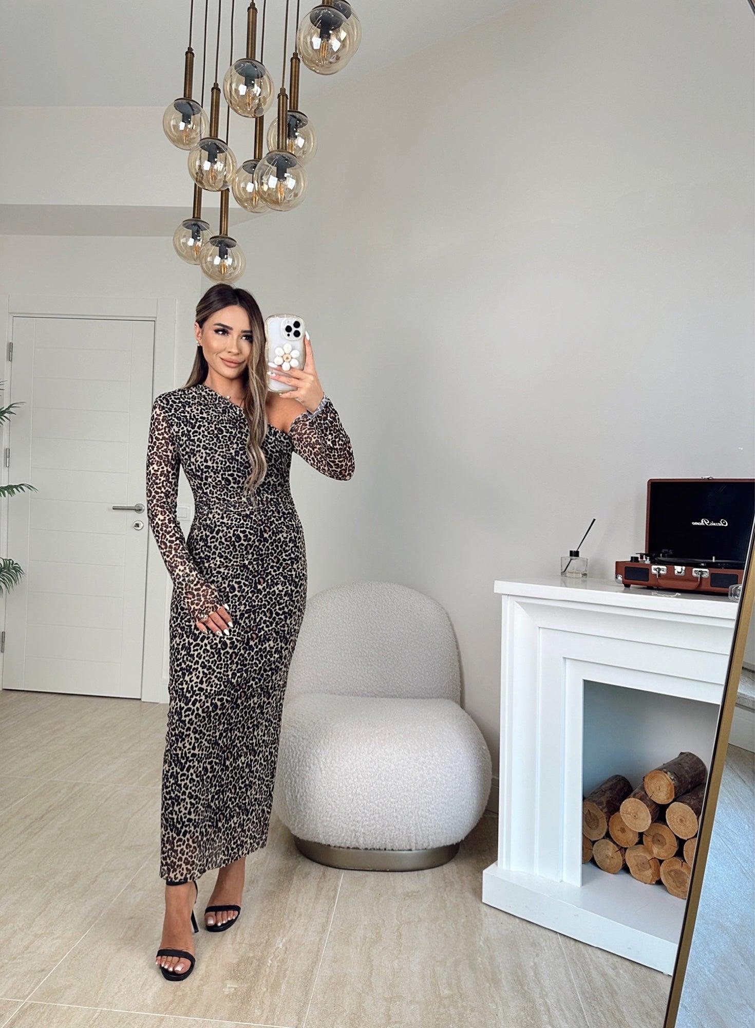 Omuz Detay Leopar Midi Elbise