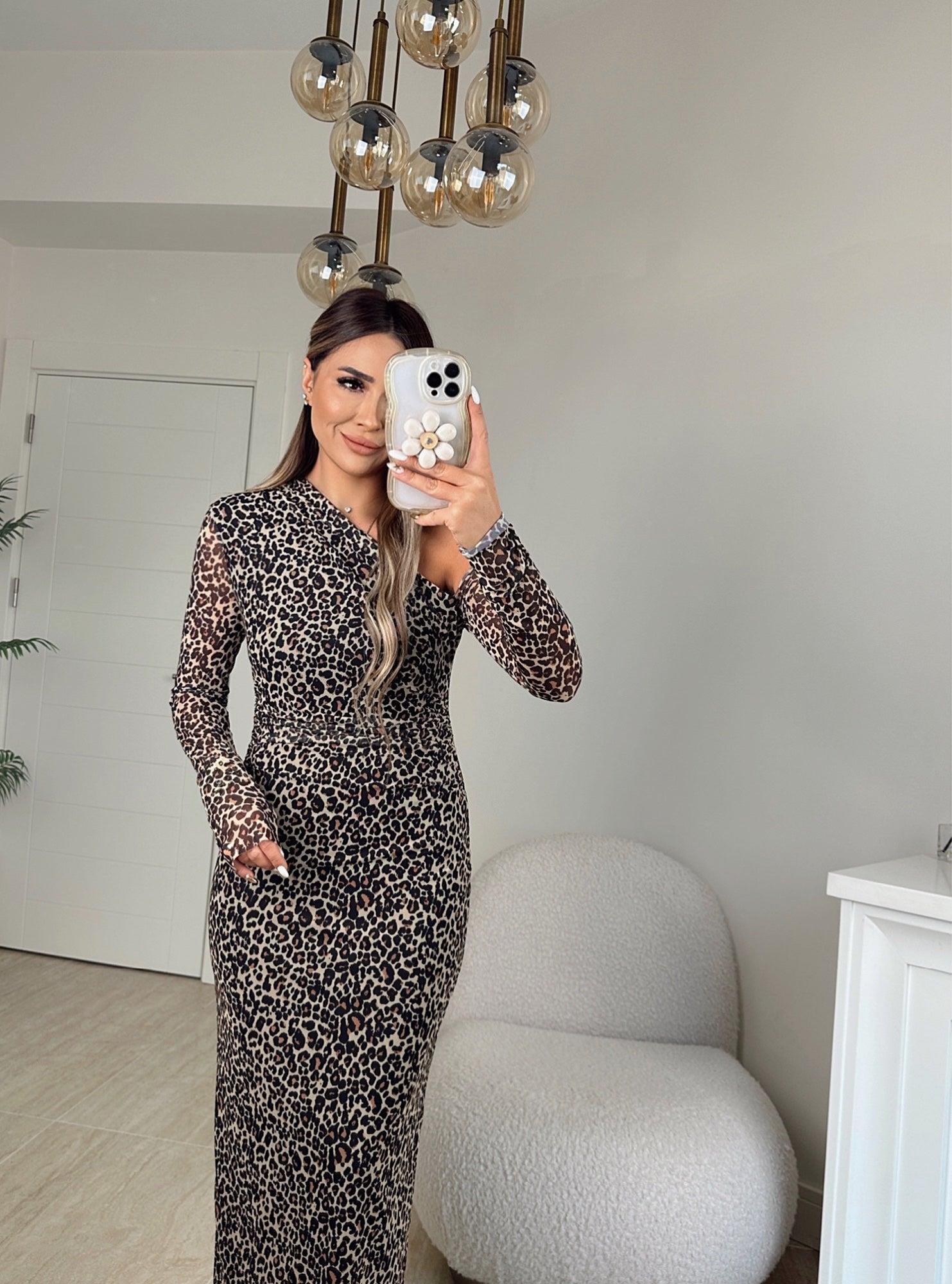 Omuz Detay Leopar Midi Elbise
