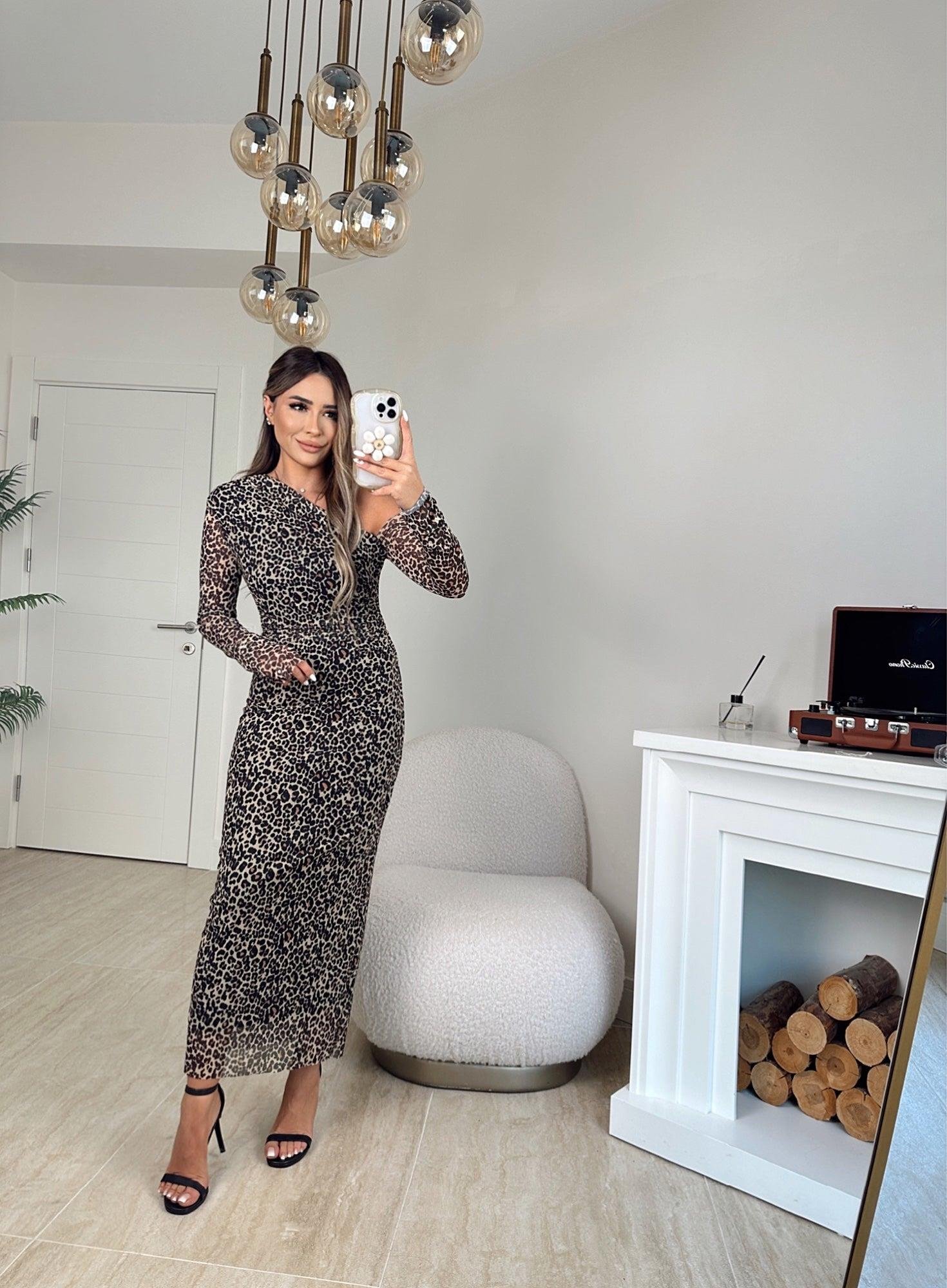 Omuz Detay Leopar Midi Elbise