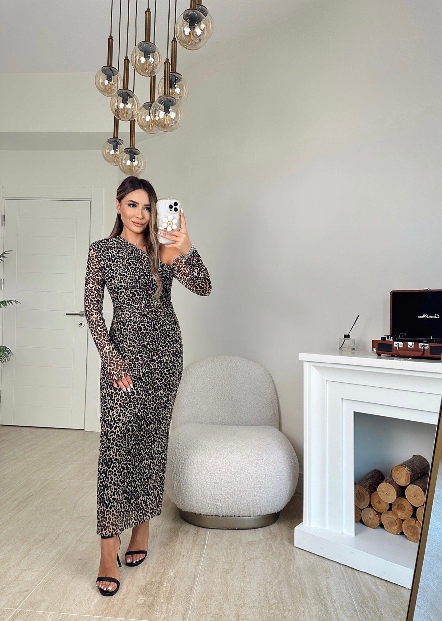 Omuz Detay Leopar Midi Elbise
