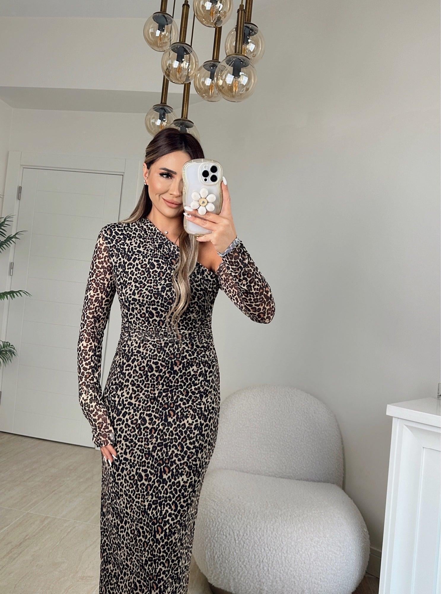 Omuz Detay Leopar Midi Elbise