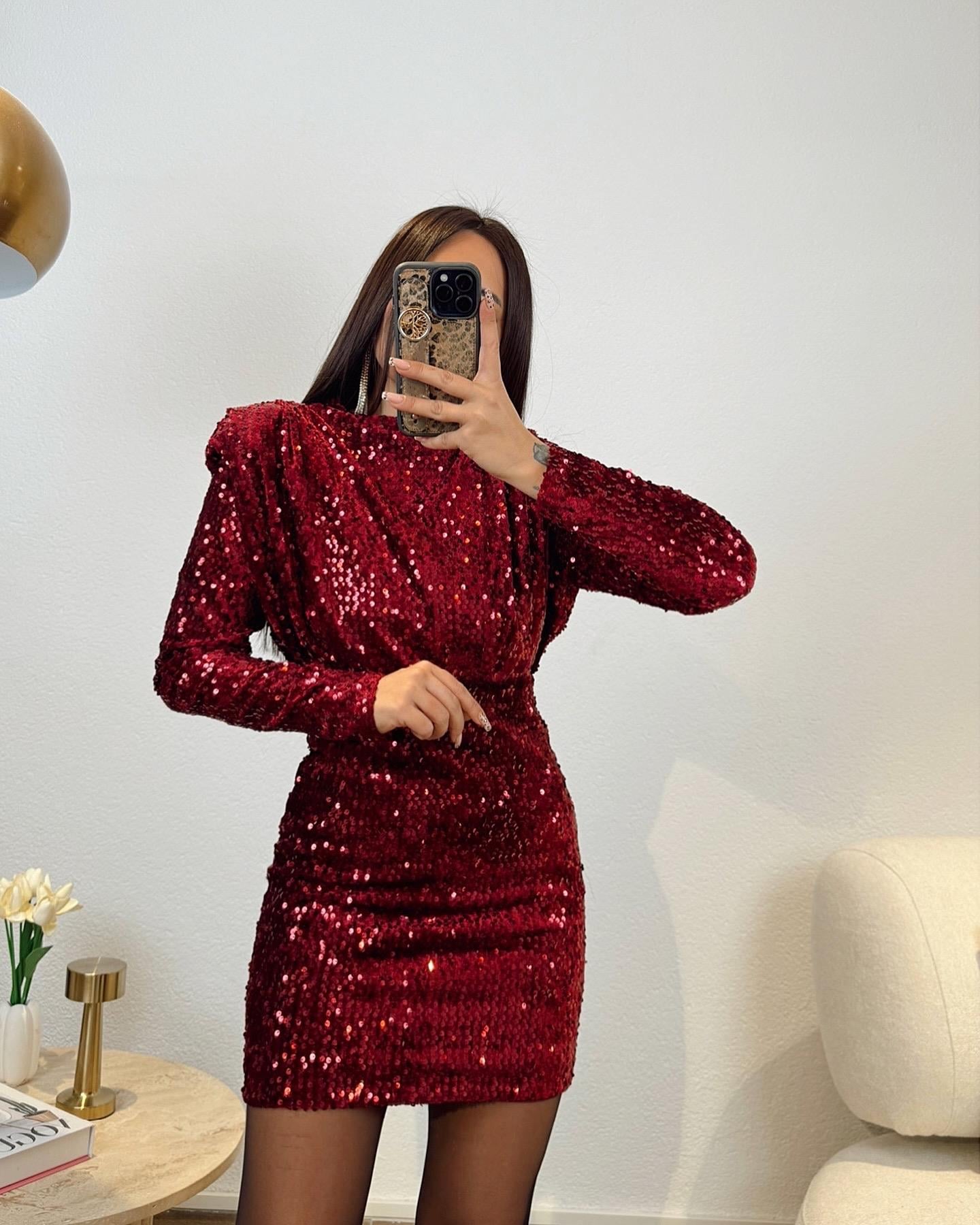 Omuz Detay Vatkalı Payet Bordo Mini Elbise