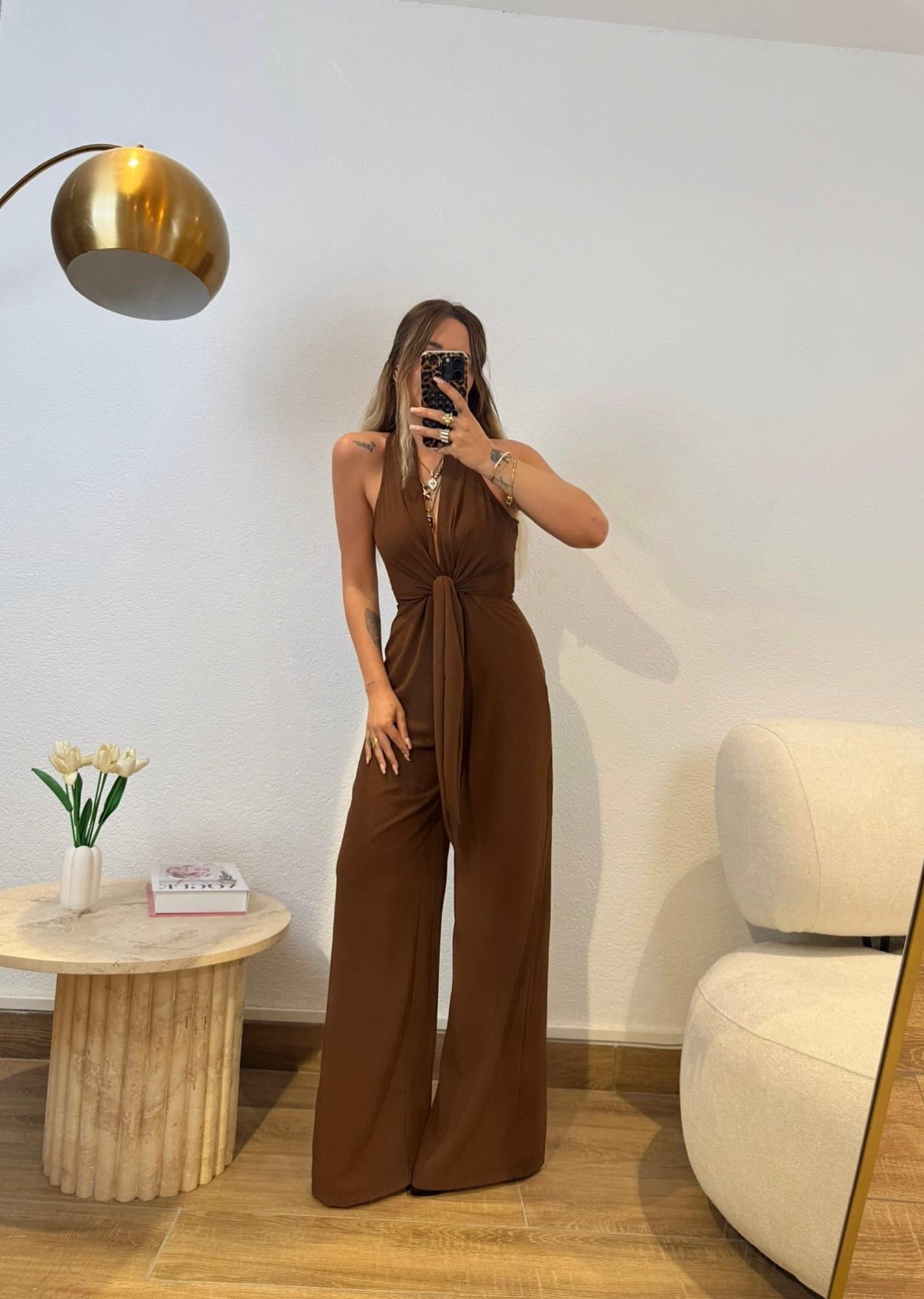 Önden Bağlamalı Bol Paça Kahve Tulum
