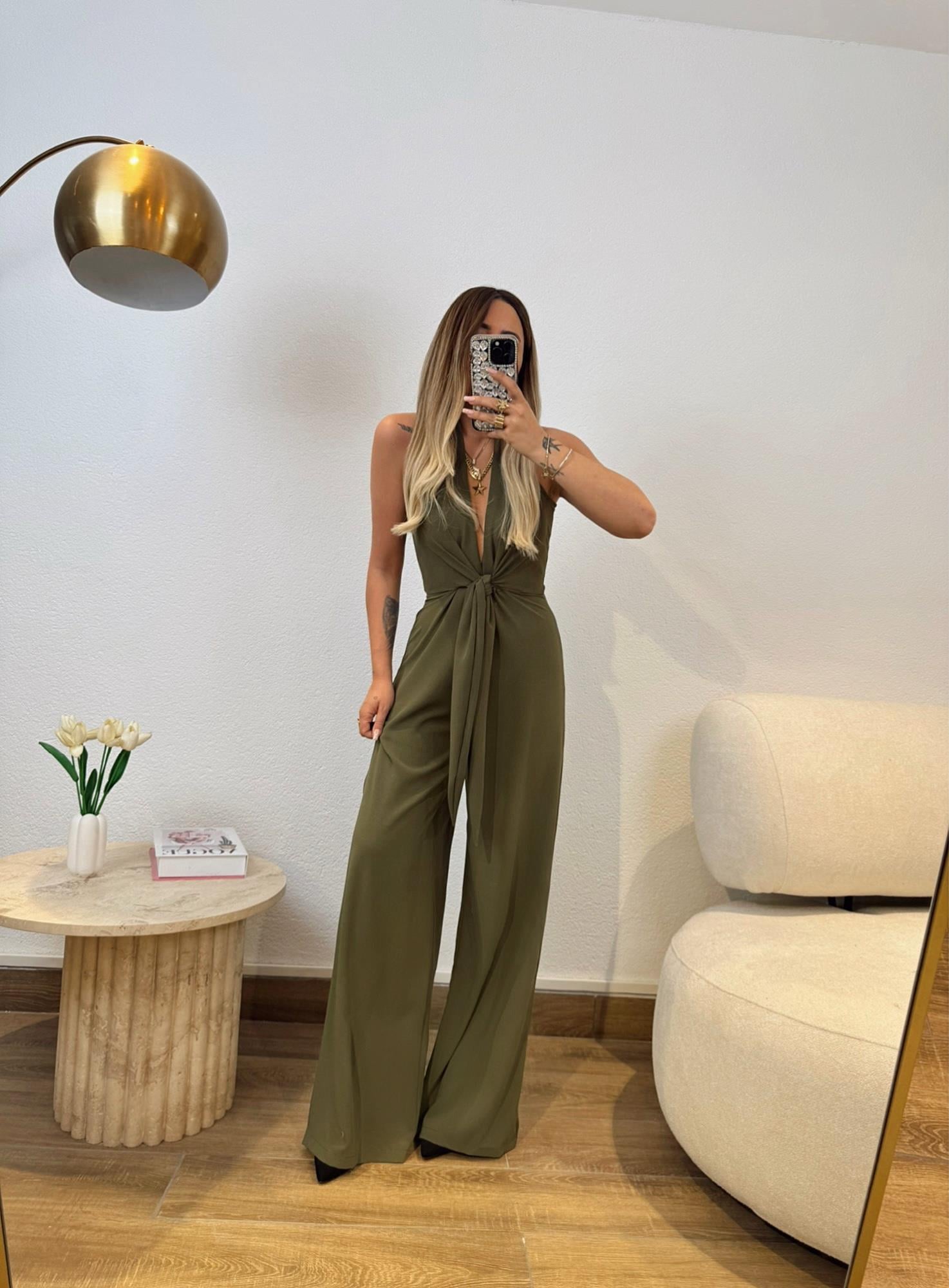 Önden Bağlamalı Bol Paça Yeşil Tulum