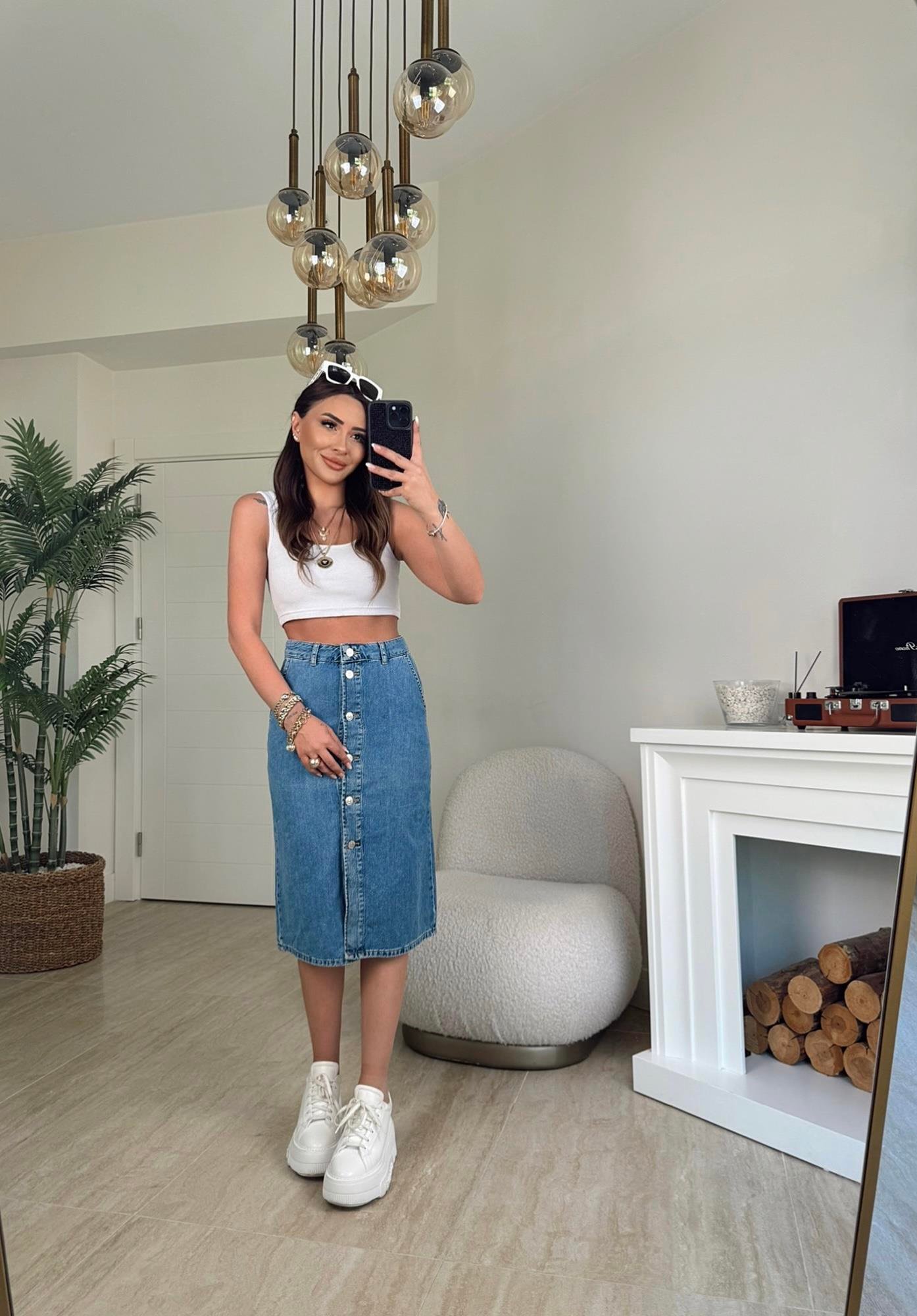 Önden Düğmeli Jean Midi Etek