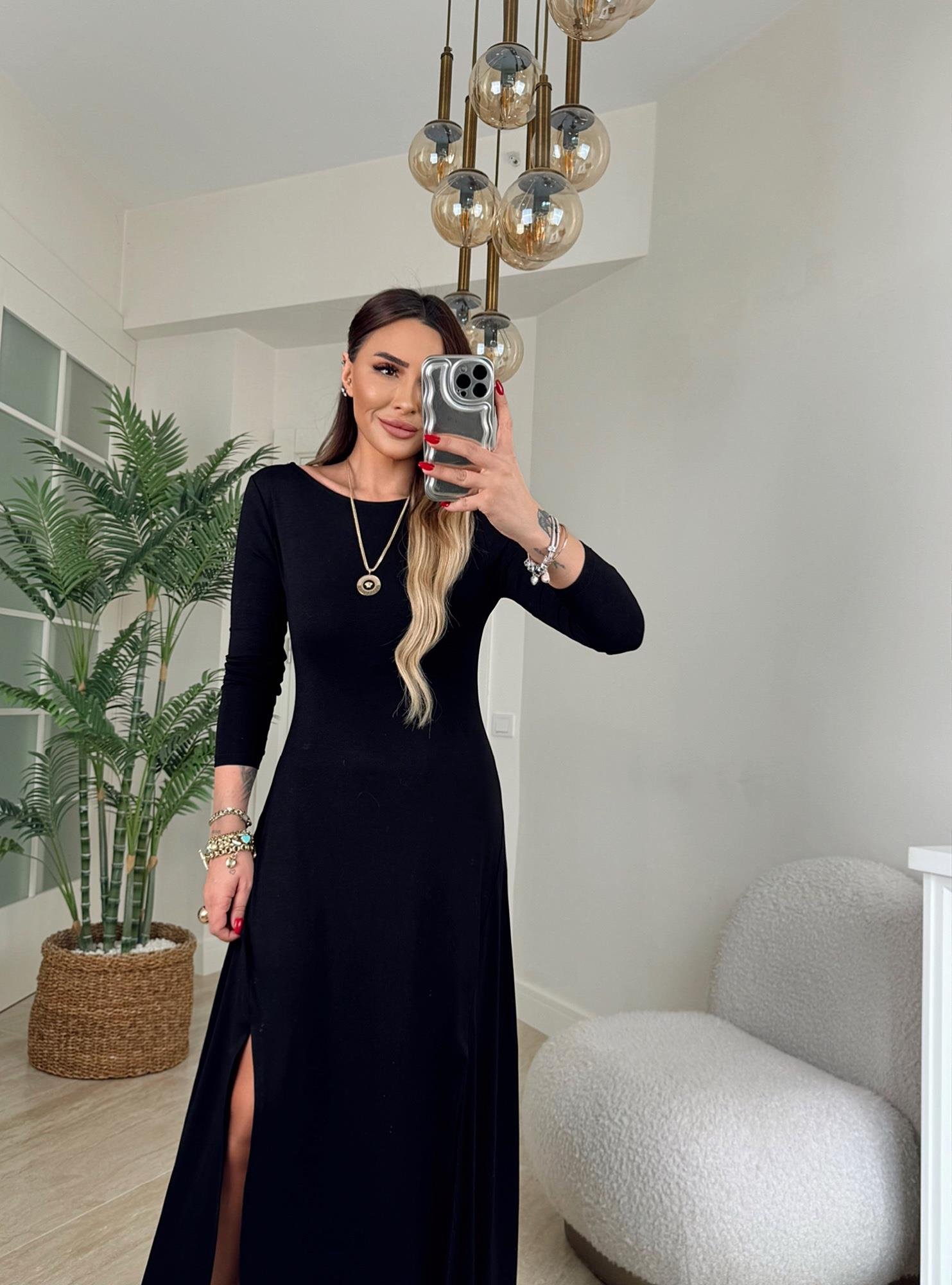 Önleri Parça Yırtmaçlı Bisiklet Yaka Maxi Boy Elbise
