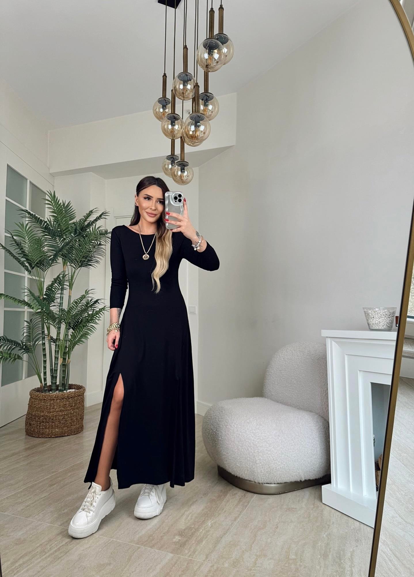 Önleri Parça Yırtmaçlı Bisiklet Yaka Maxi Boy Elbise