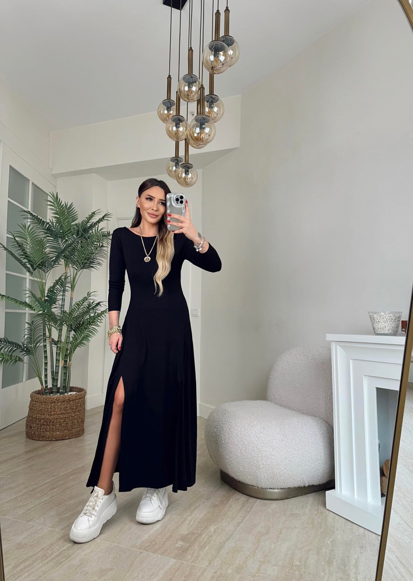 Önleri Parça Yırtmaçlı Bisiklet Yaka Maxi Boy Elbise