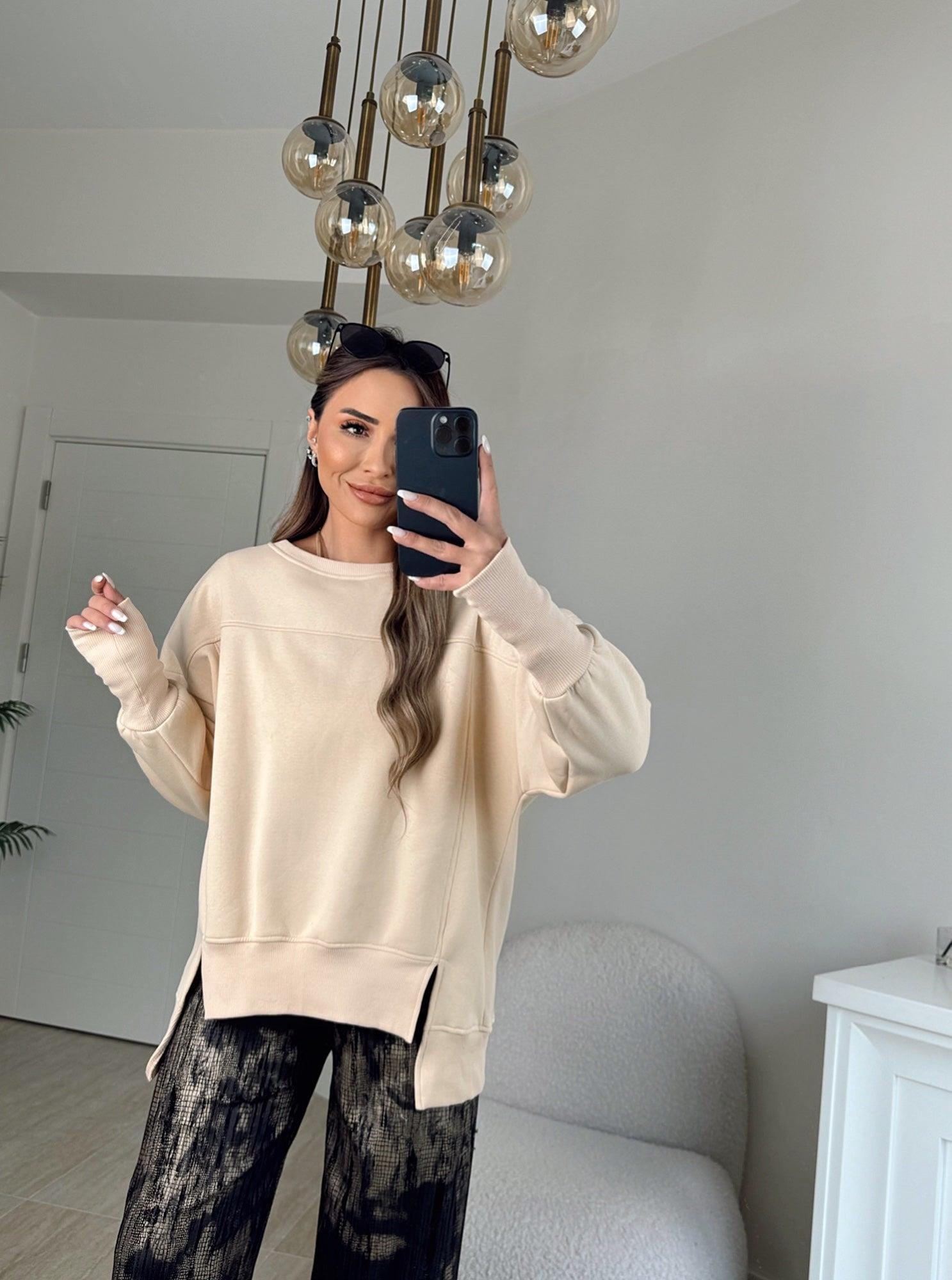 Önleri Yırtmaçlı Bal Rengi Sweatshirt