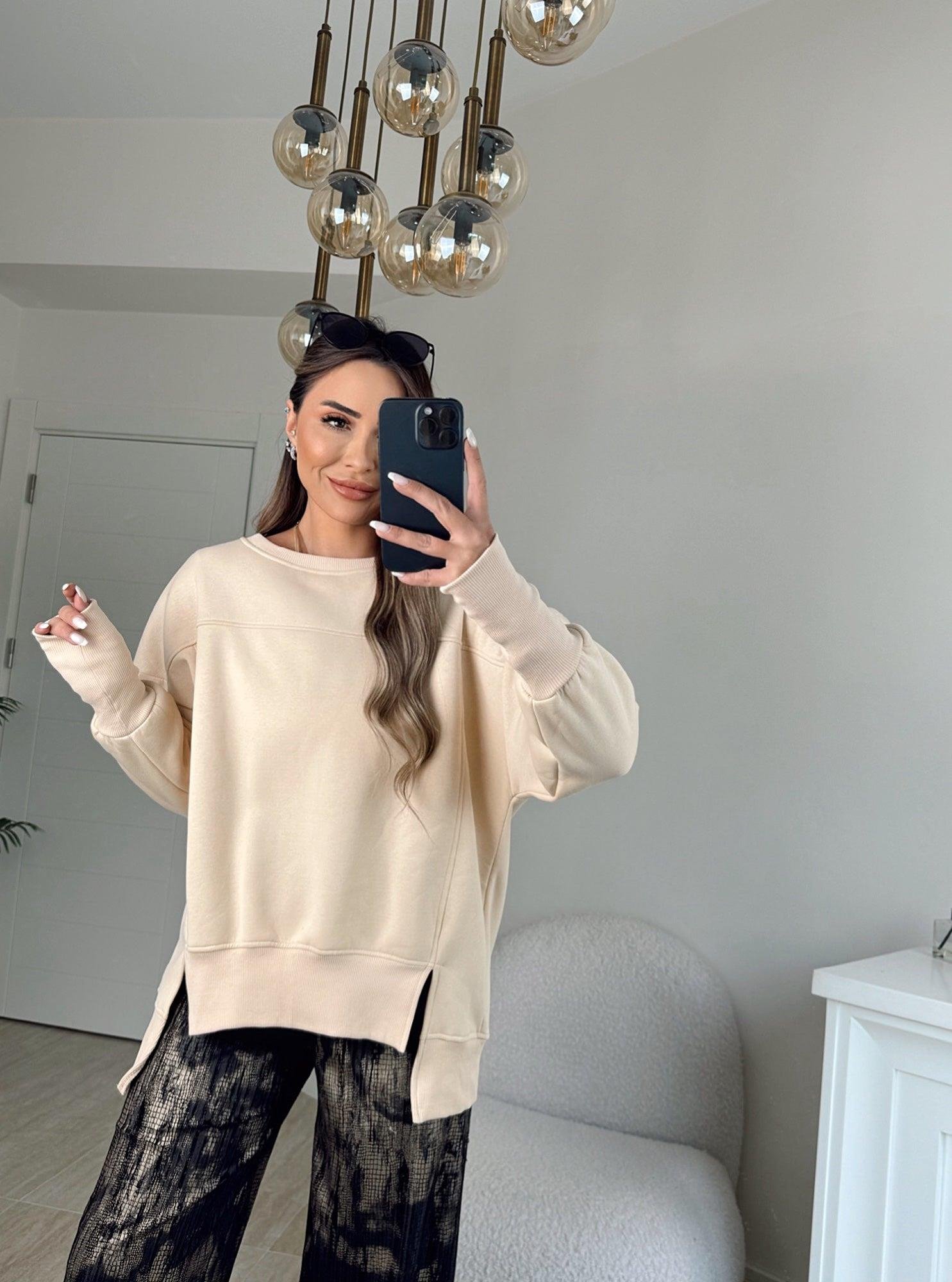 Önleri Yırtmaçlı Bal Rengi Sweatshirt