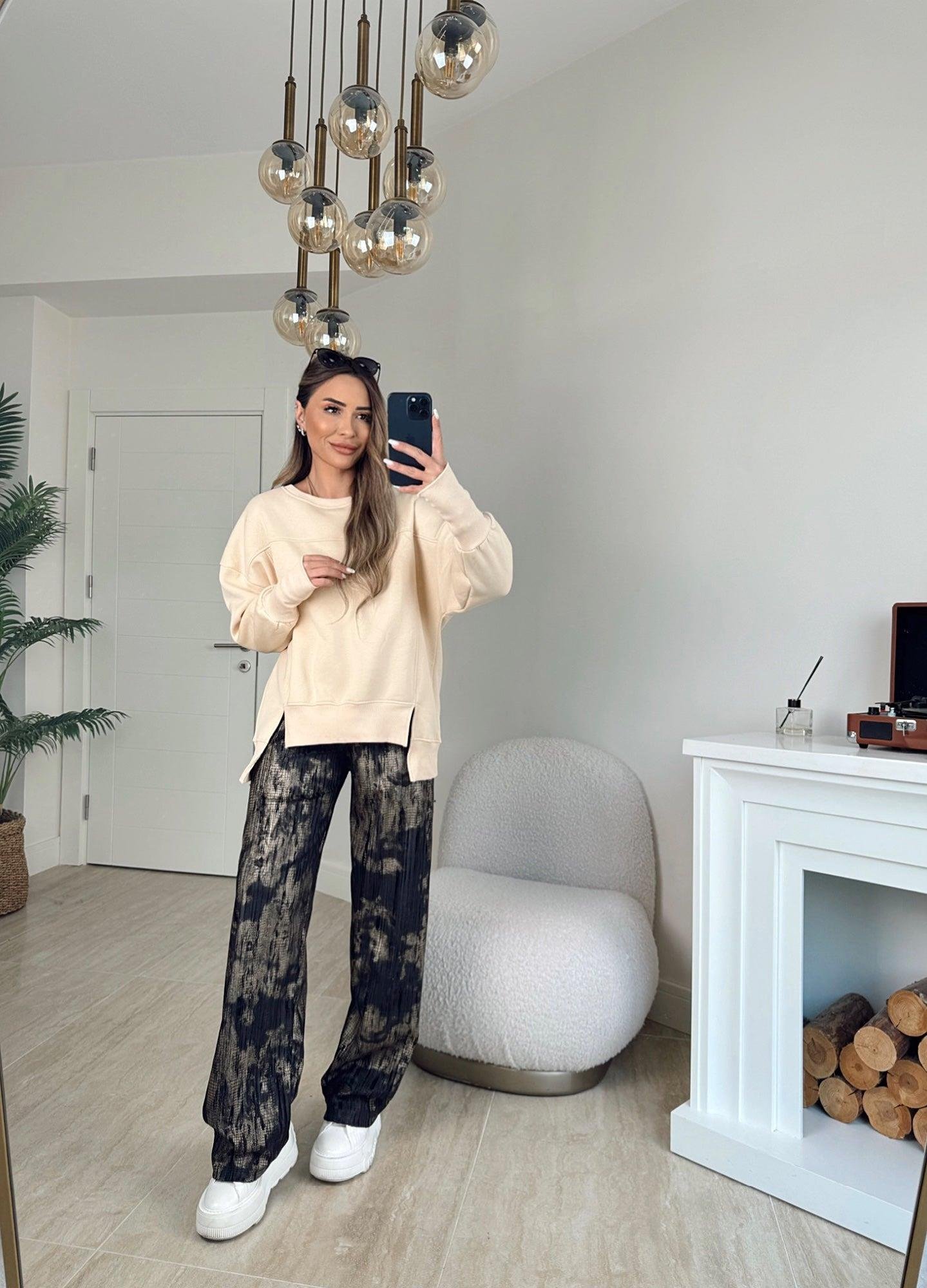 Önleri Yırtmaçlı Bal Rengi Sweatshirt