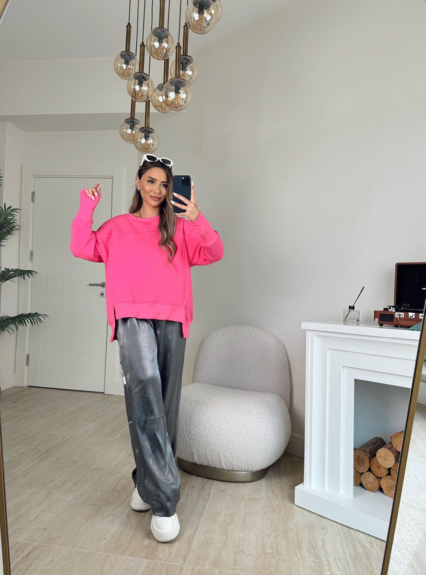 Önleri Yırtmaçlı Pembe Sweatshirt