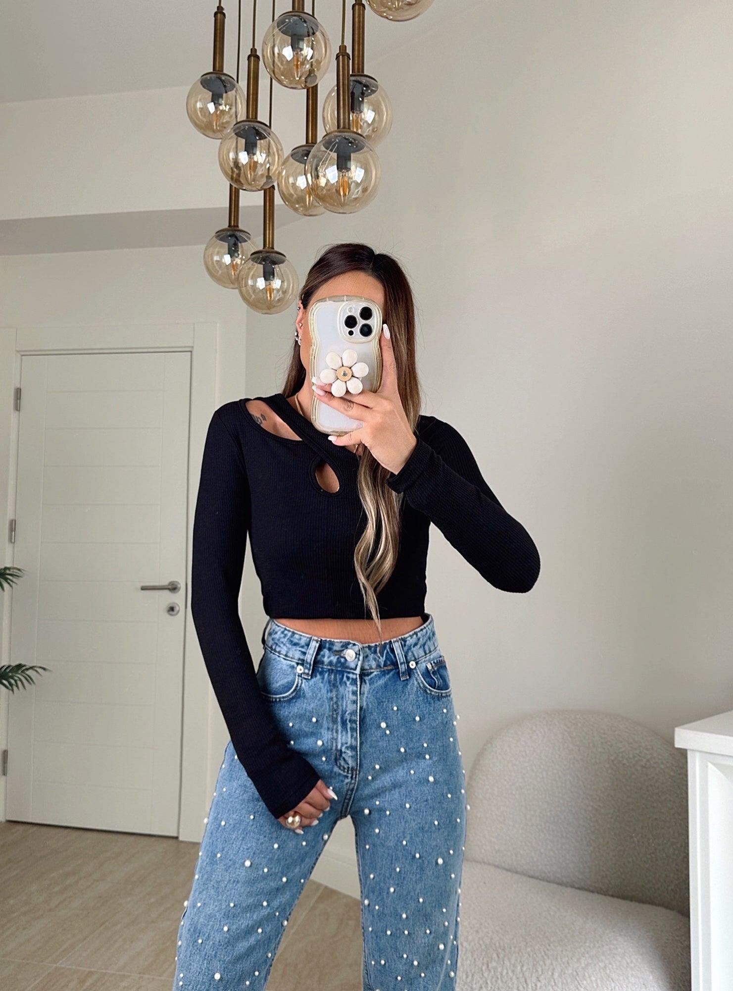 Önü Çapraz Siyah Crop Badi