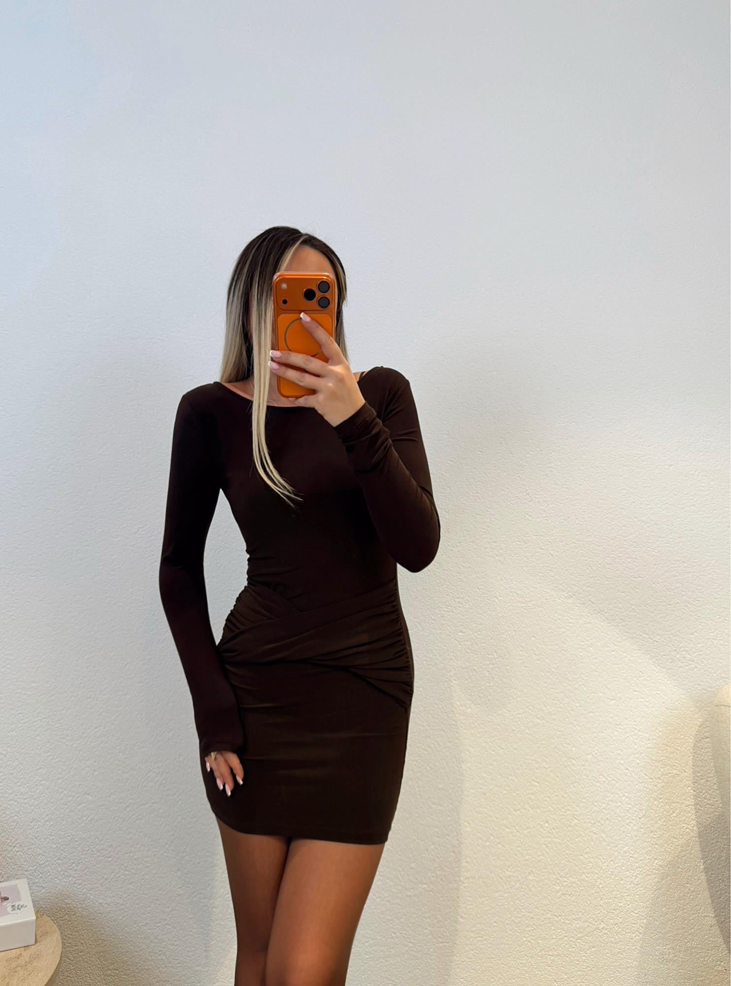 Önü Drapeli Kahve Mini Elbise