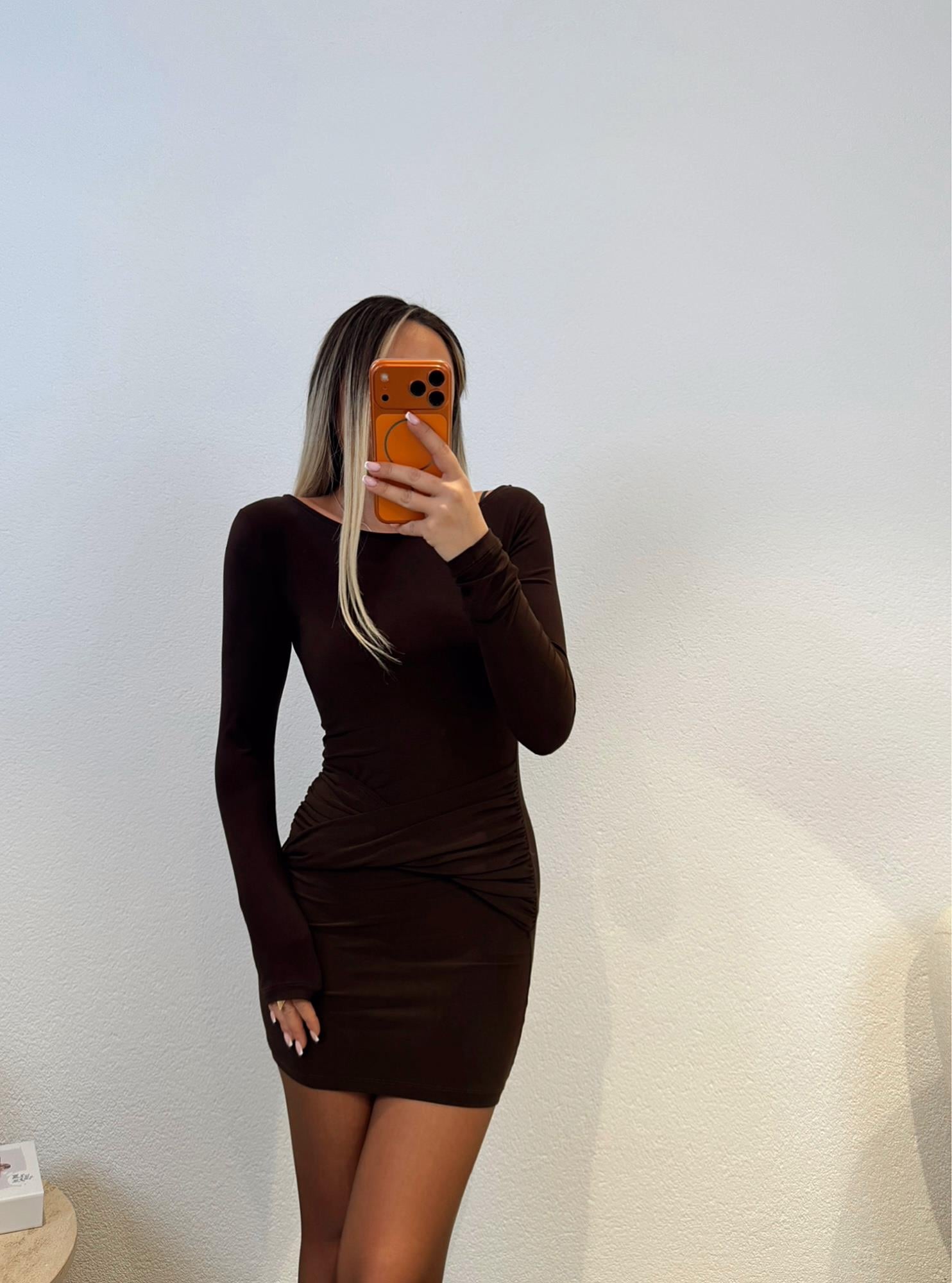 Önü Drapeli Kahve Mini Elbise
