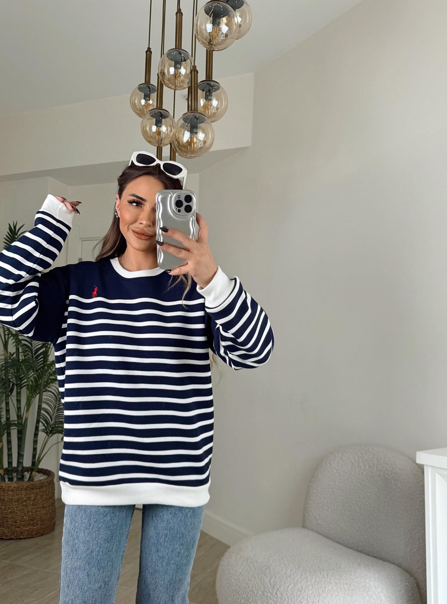 Orijinal Marka Beyaz Çizgili Laci Sweatshirt