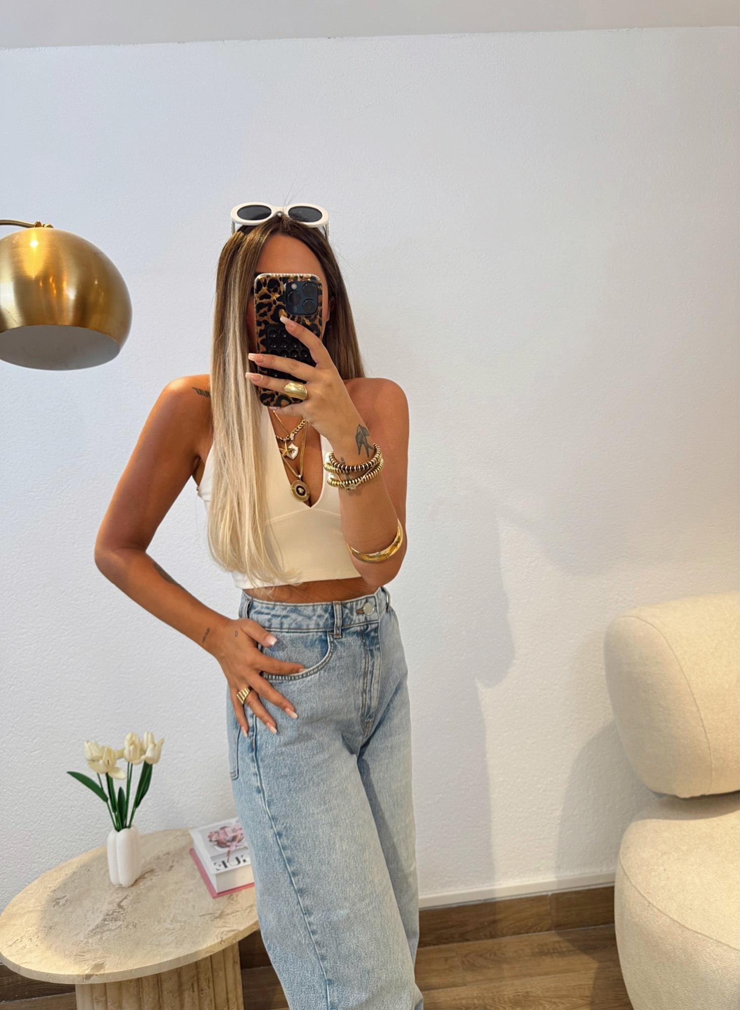 Orijinal Marka Boyundan Bağlamalı Beyaz Crop