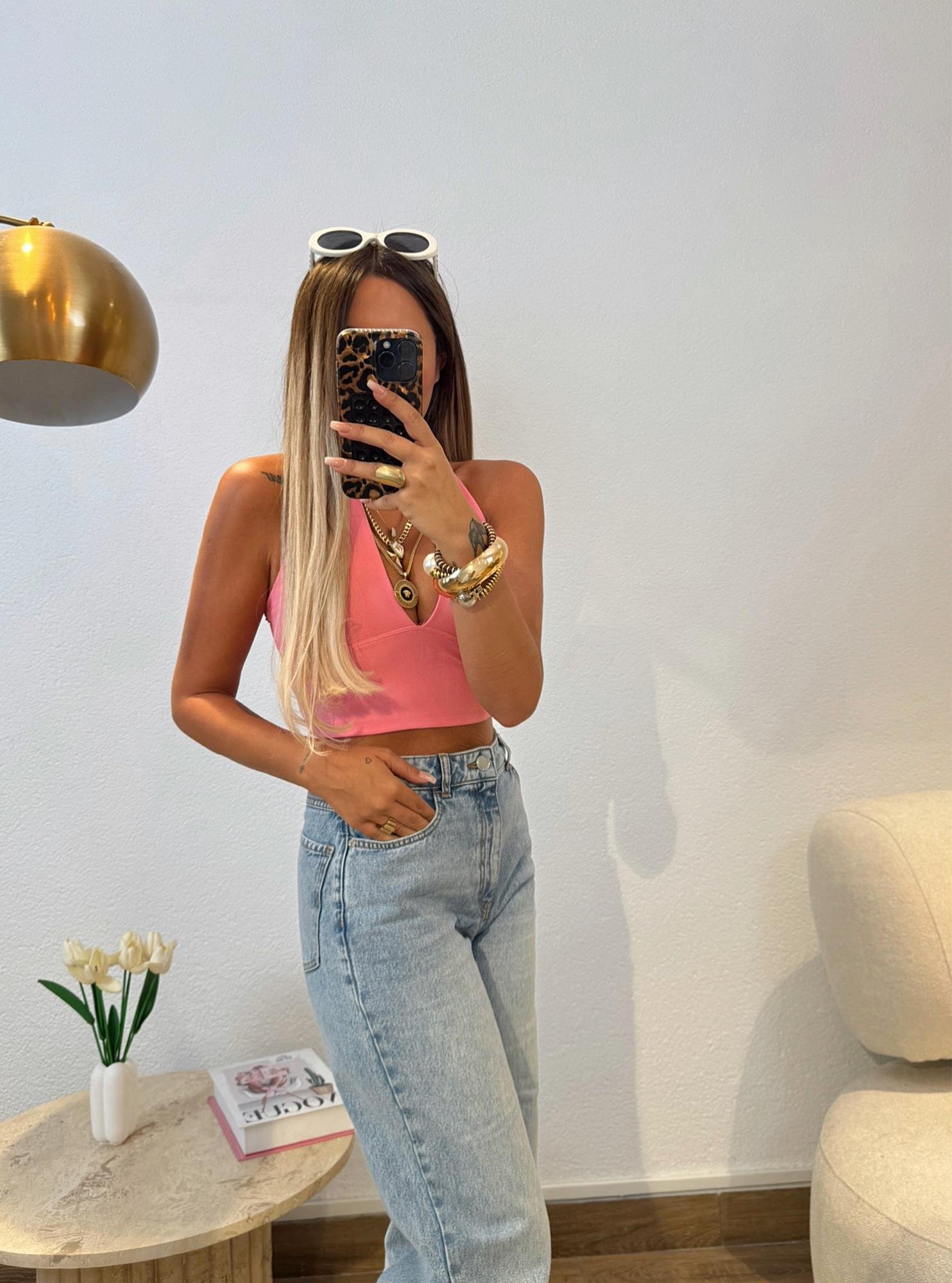 Orijinal Marka Boyundan Bağlamalı Pembe Crop