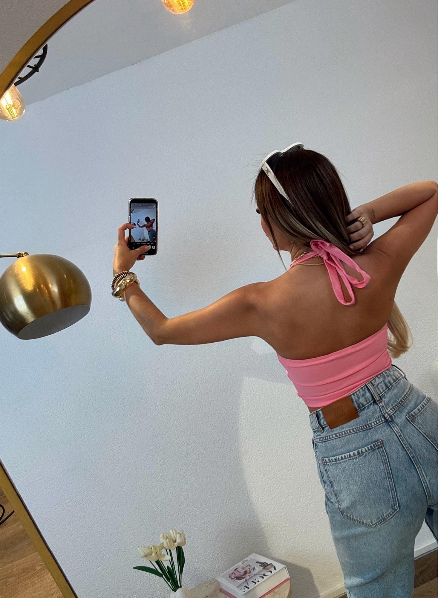 Orijinal Marka Boyundan Bağlamalı Pembe Crop